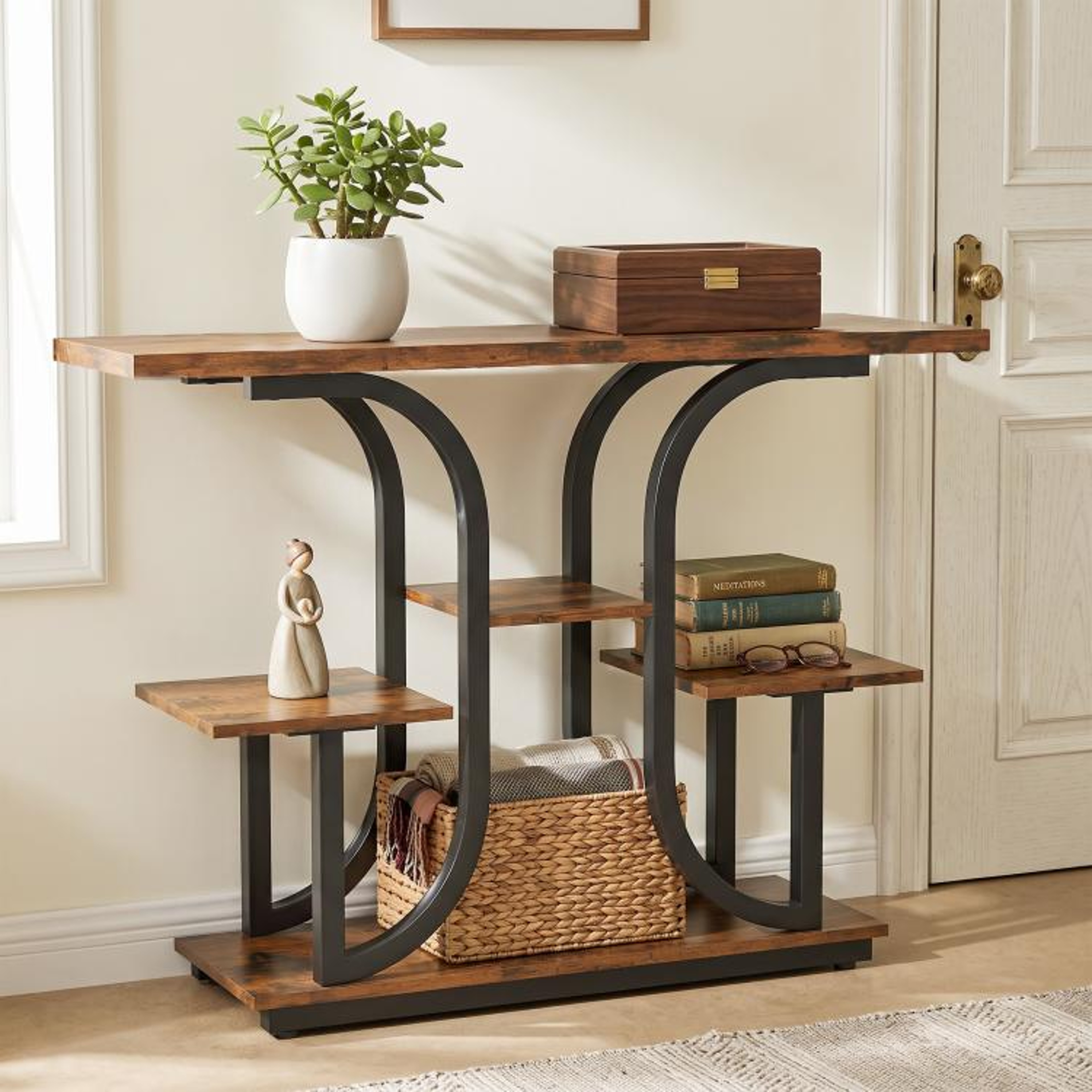 Modern Narrow Console Table With 3Tier Open Storage Shelves In Rustic Brown 2