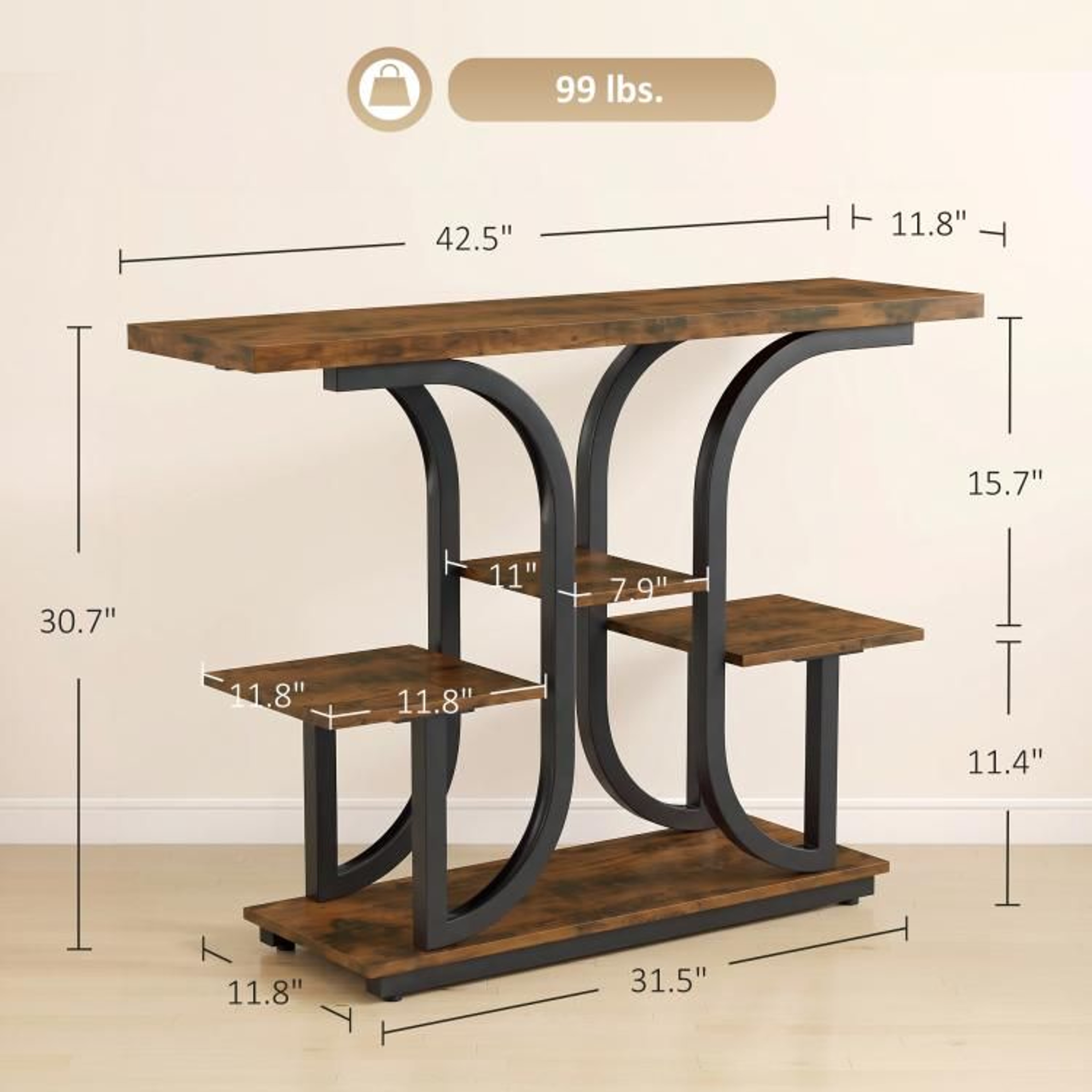 Modern Narrow Console Table With 3Tier Open Storage Shelves In Rustic Brown 3