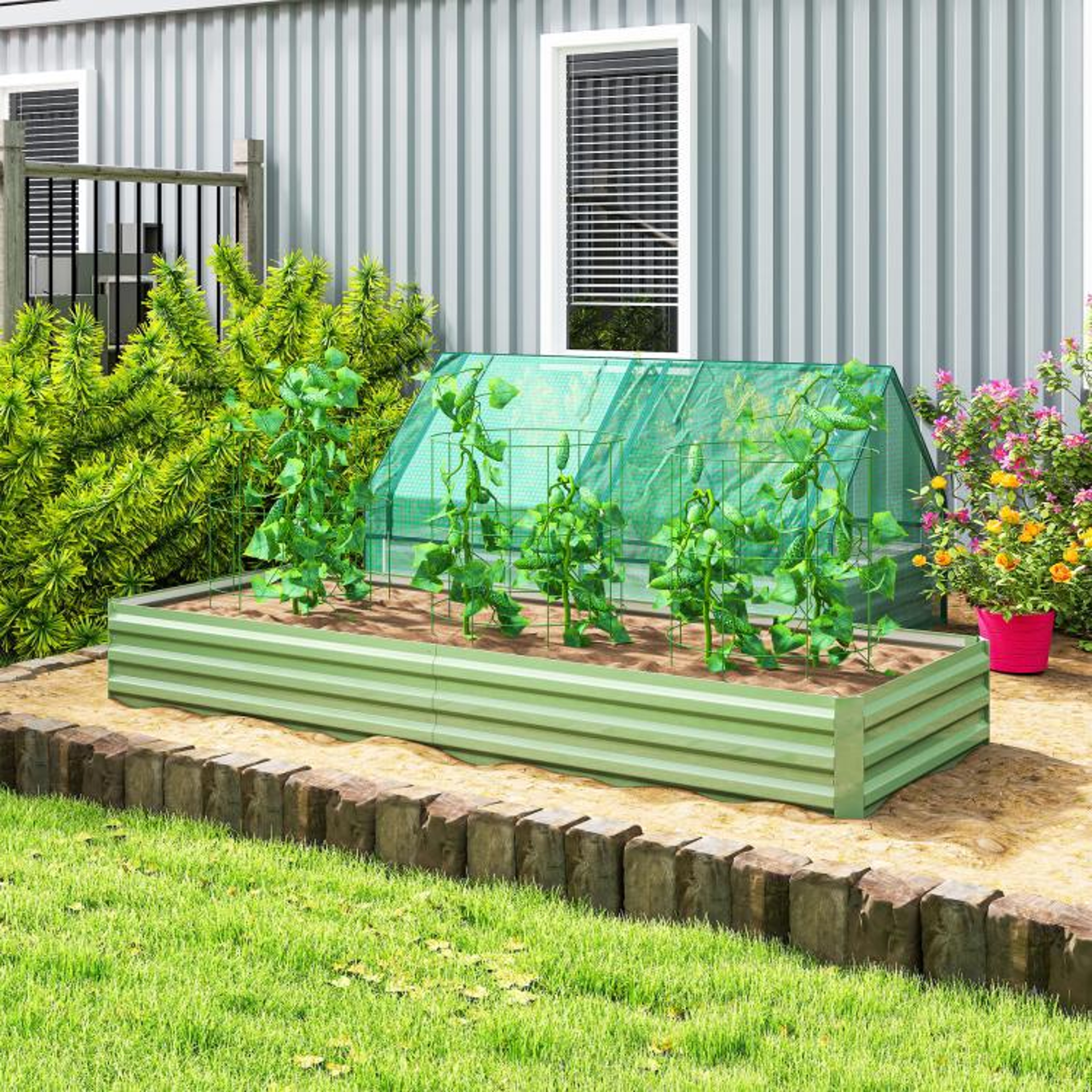 Galvanized Steel Raised Garden Bed 8x3x1 Ft With Open Bottom  Light Green 2