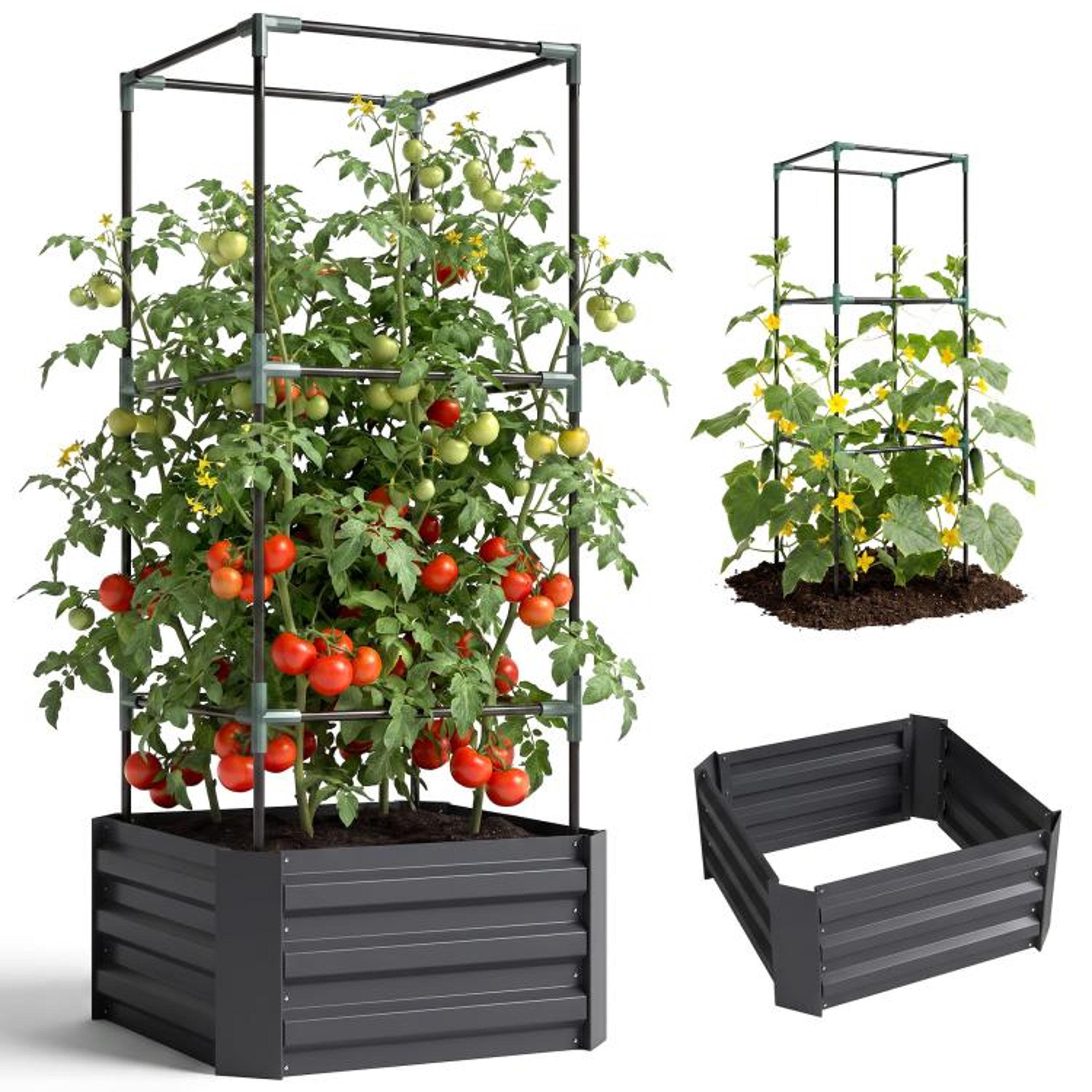Galvanized Steel Raised Garden Bed With Adjustable Tomato Trellis  Dark Gray 0