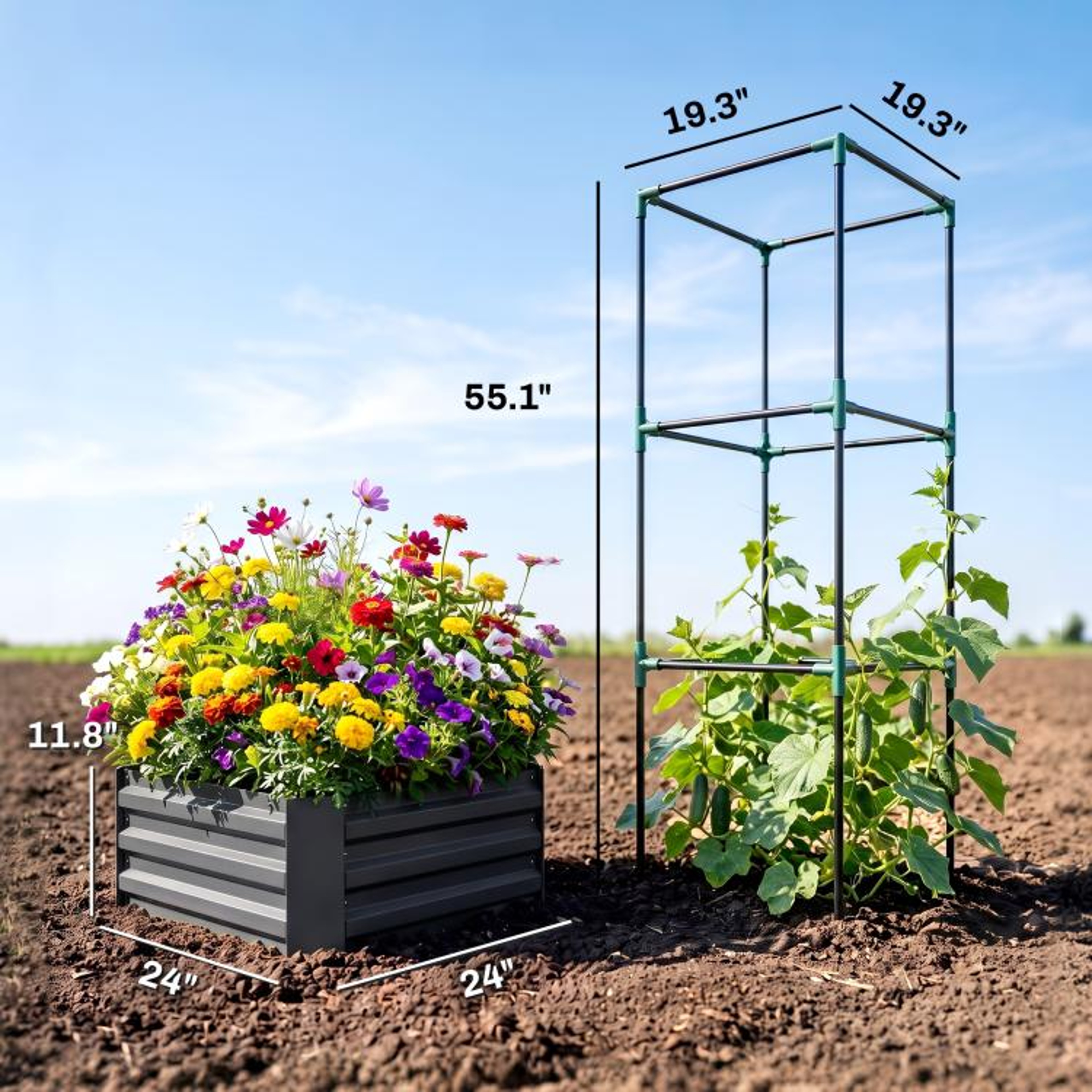 Galvanized Steel Raised Garden Bed With Adjustable Tomato Trellis  Dark Gray 3