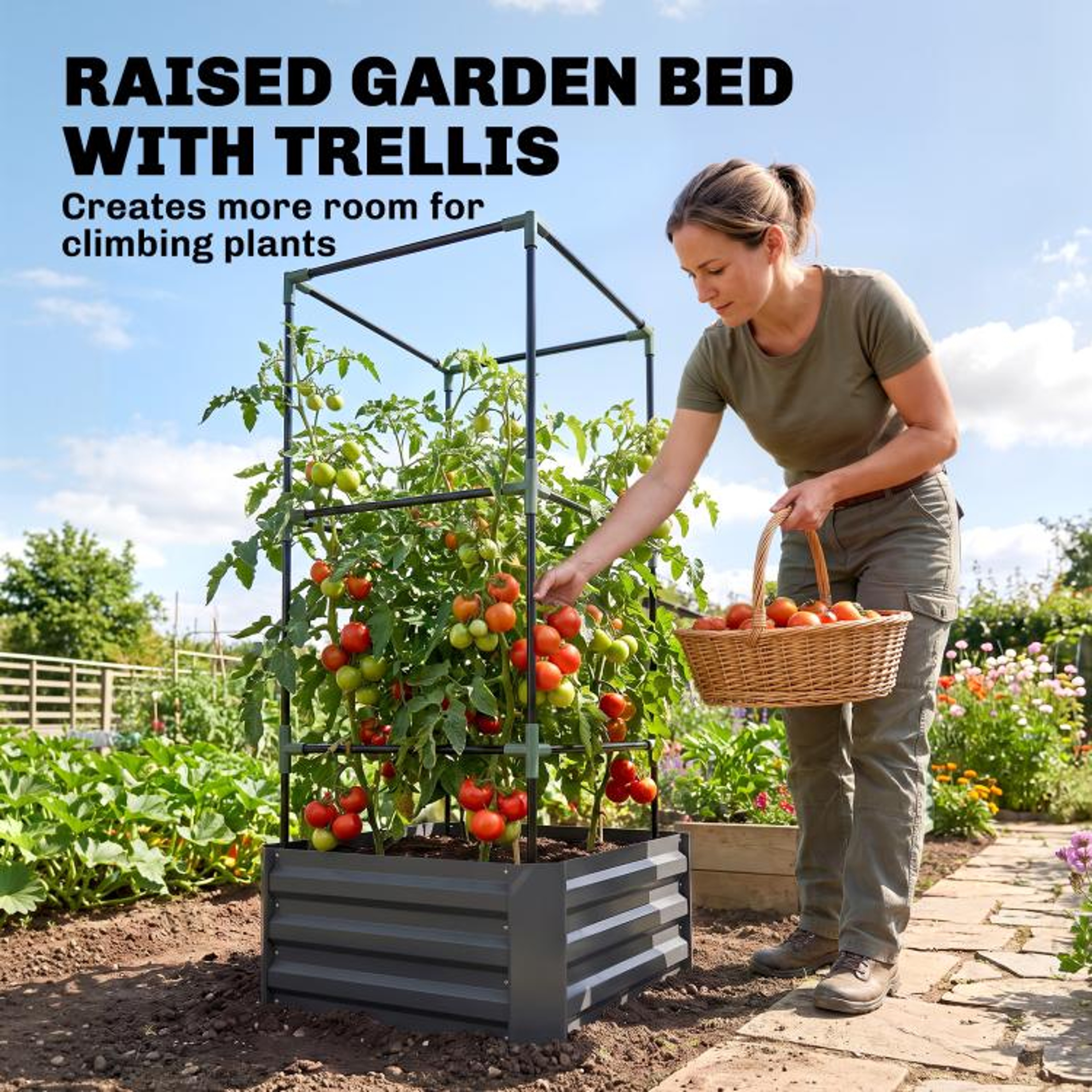 Galvanized Steel Raised Garden Bed With Adjustable Tomato Trellis  Dark Gray 4