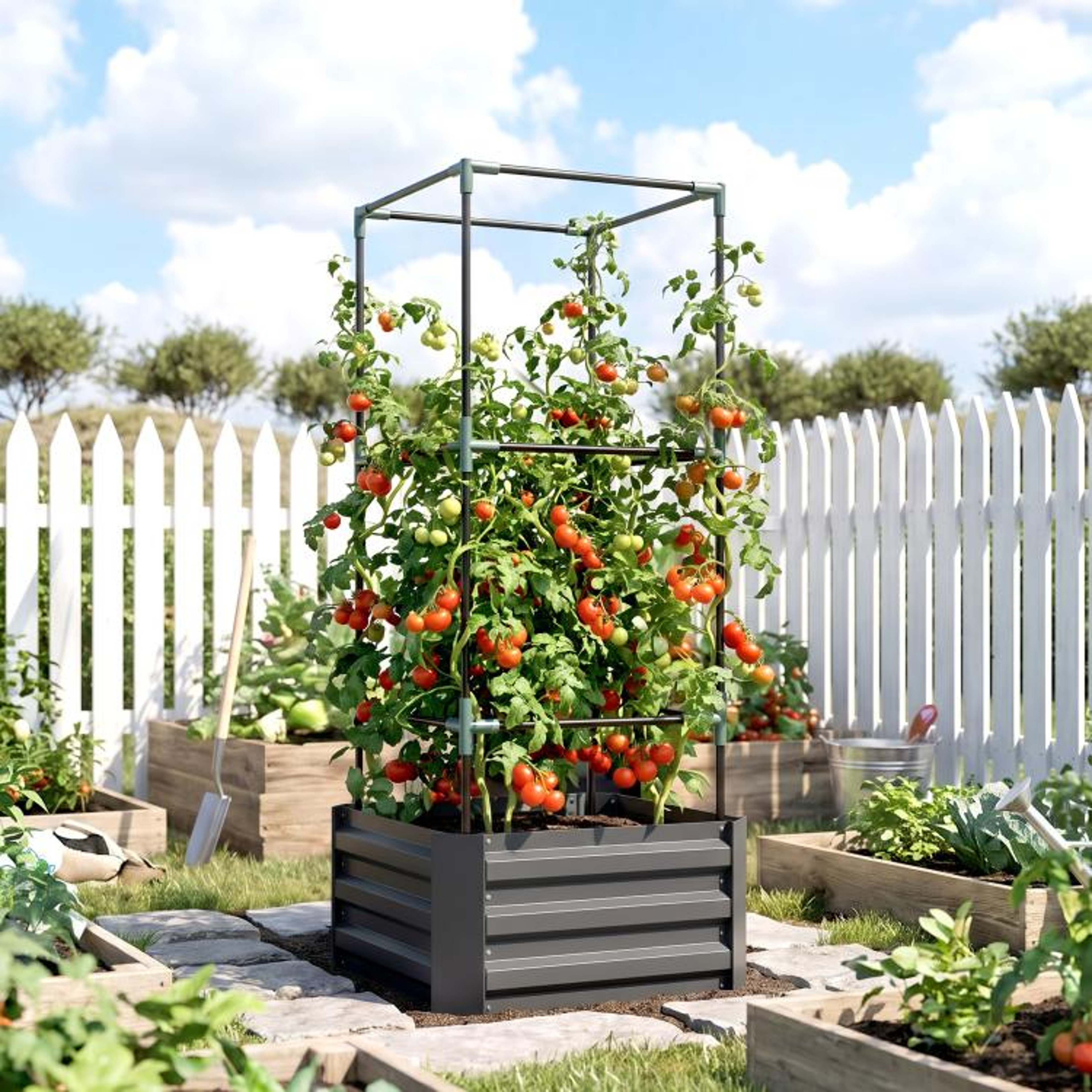 Galvanized Steel Raised Garden Bed With Adjustable Tomato Trellis  Dark Gray 6