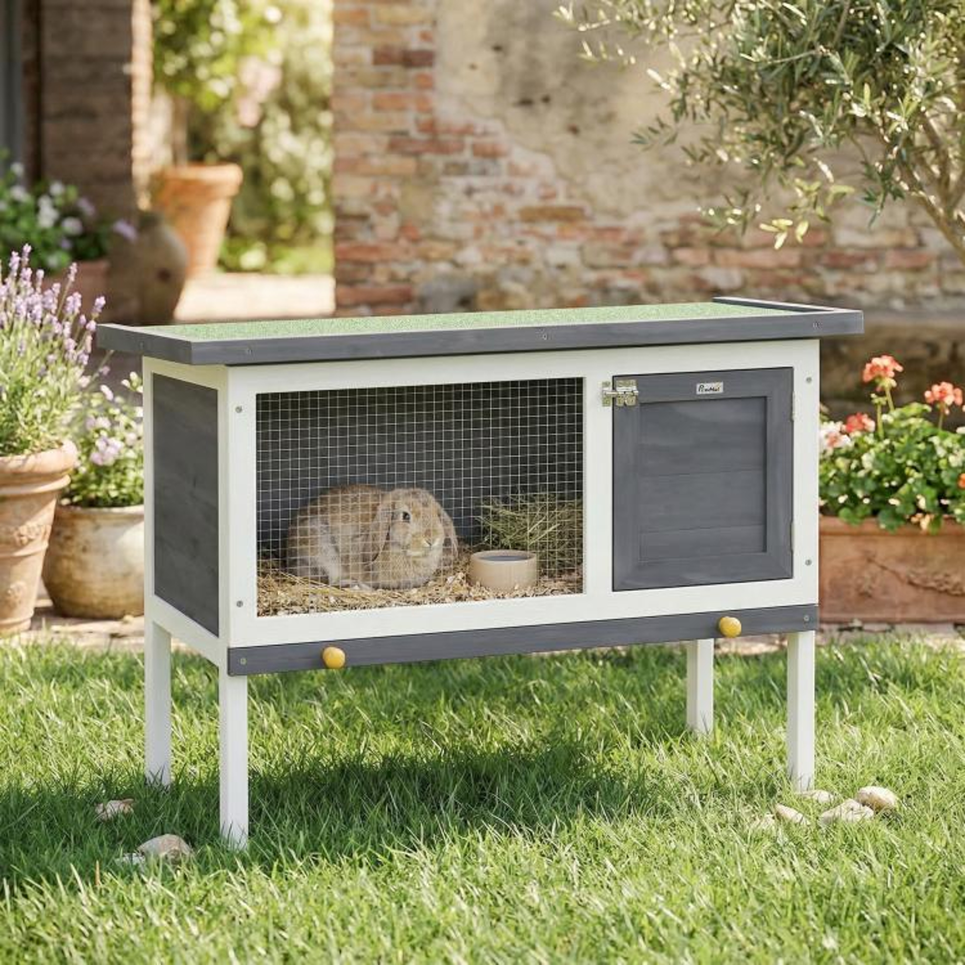 Wooden Rabbit Hutch With Asphalt Roof And Elevated Outdoor Design 2