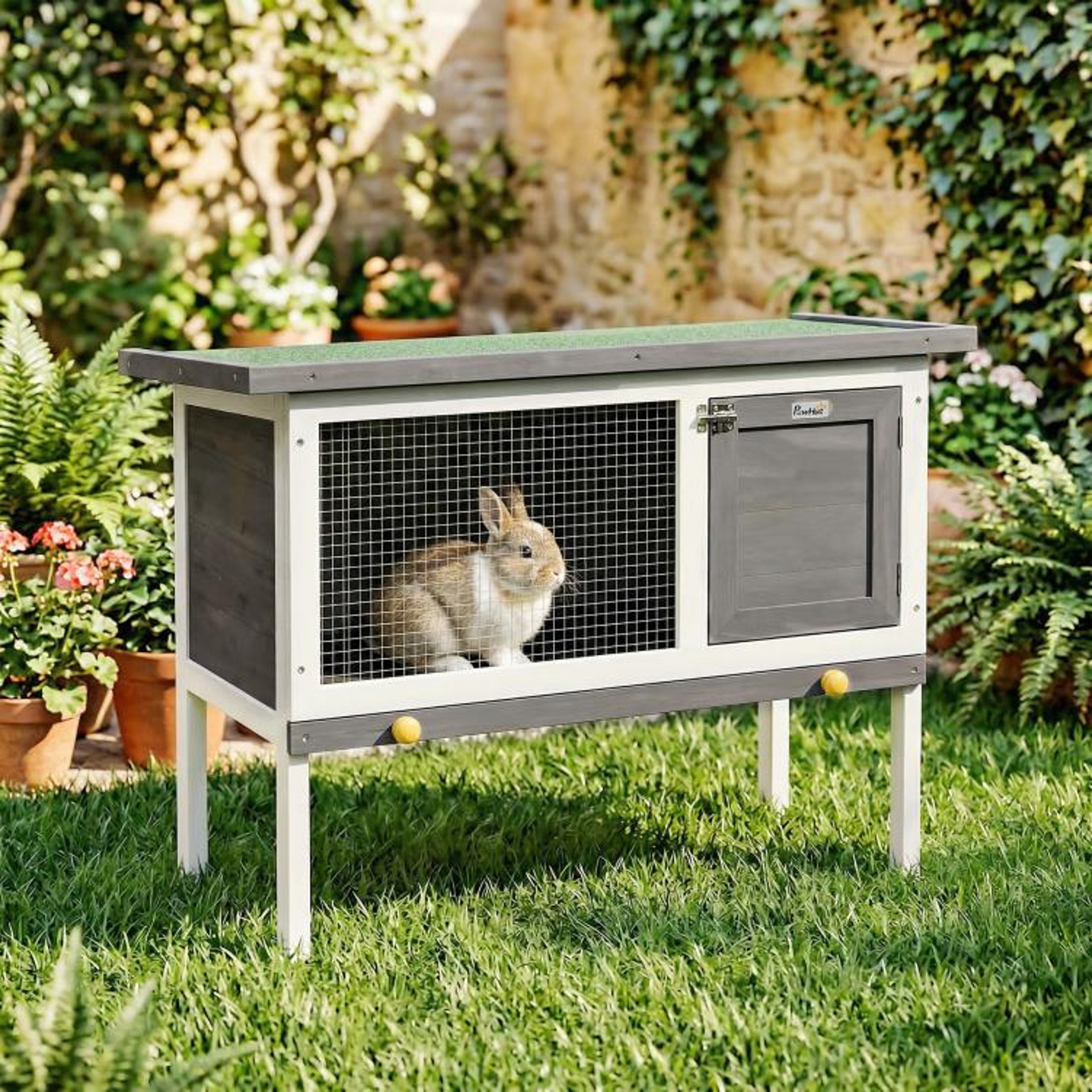 Wooden Rabbit Hutch With Asphalt Roof And Elevated Outdoor Design 3