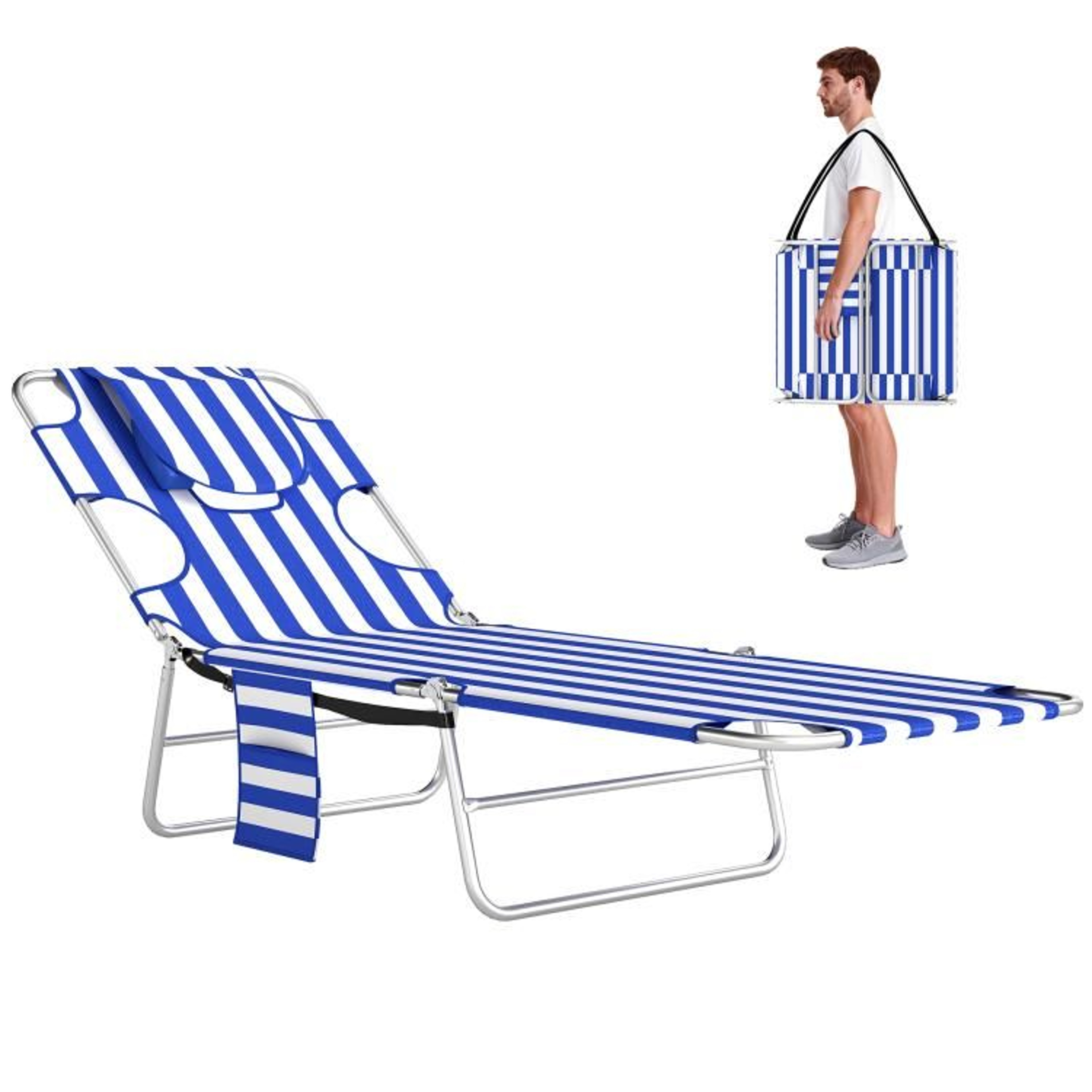 Folding Tanning Lounge Chair With Face Hole And 5 Adjustable Positions  Blue Stripes 0