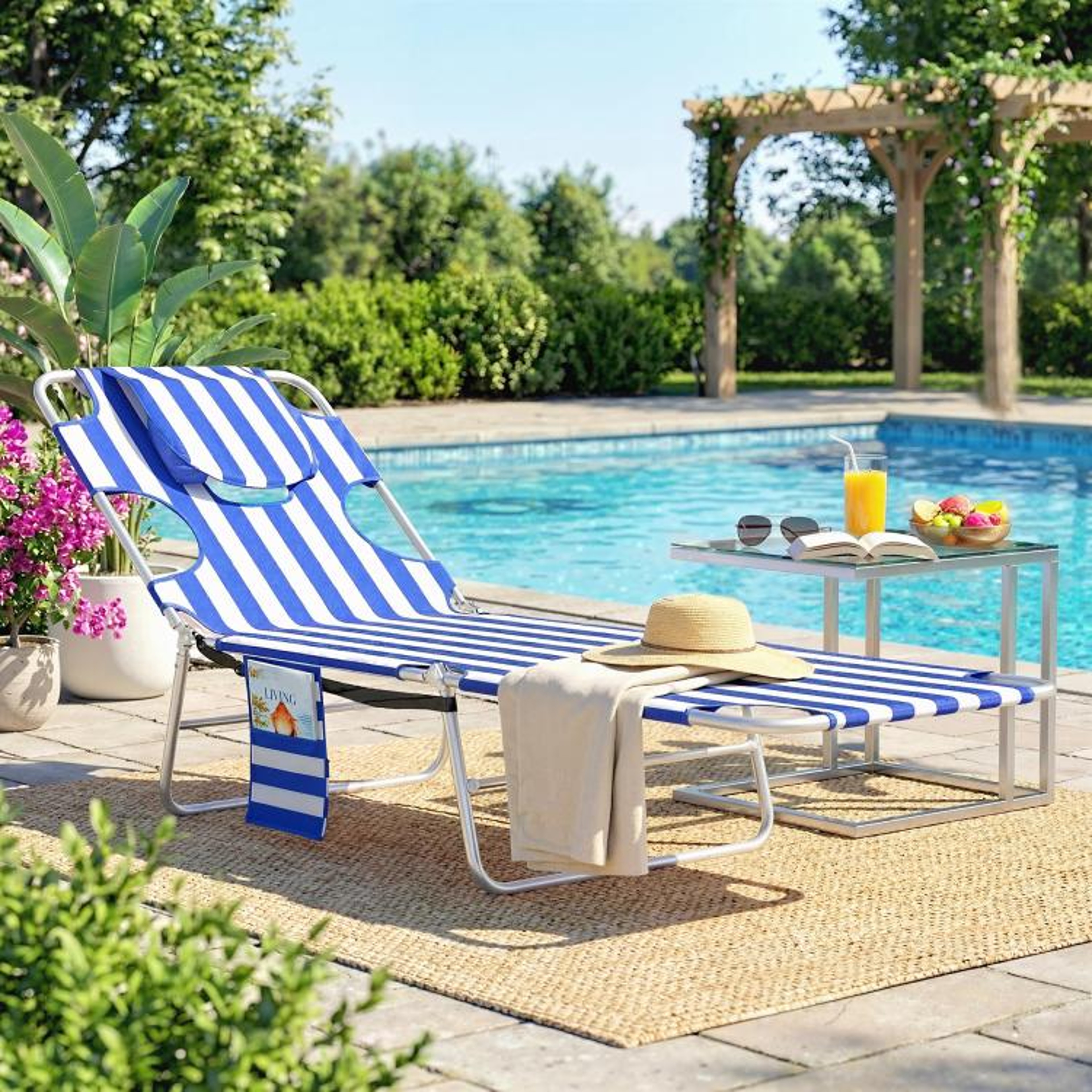 Folding Tanning Lounge Chair With Face Hole And 5 Adjustable Positions  Blue Stripes 2