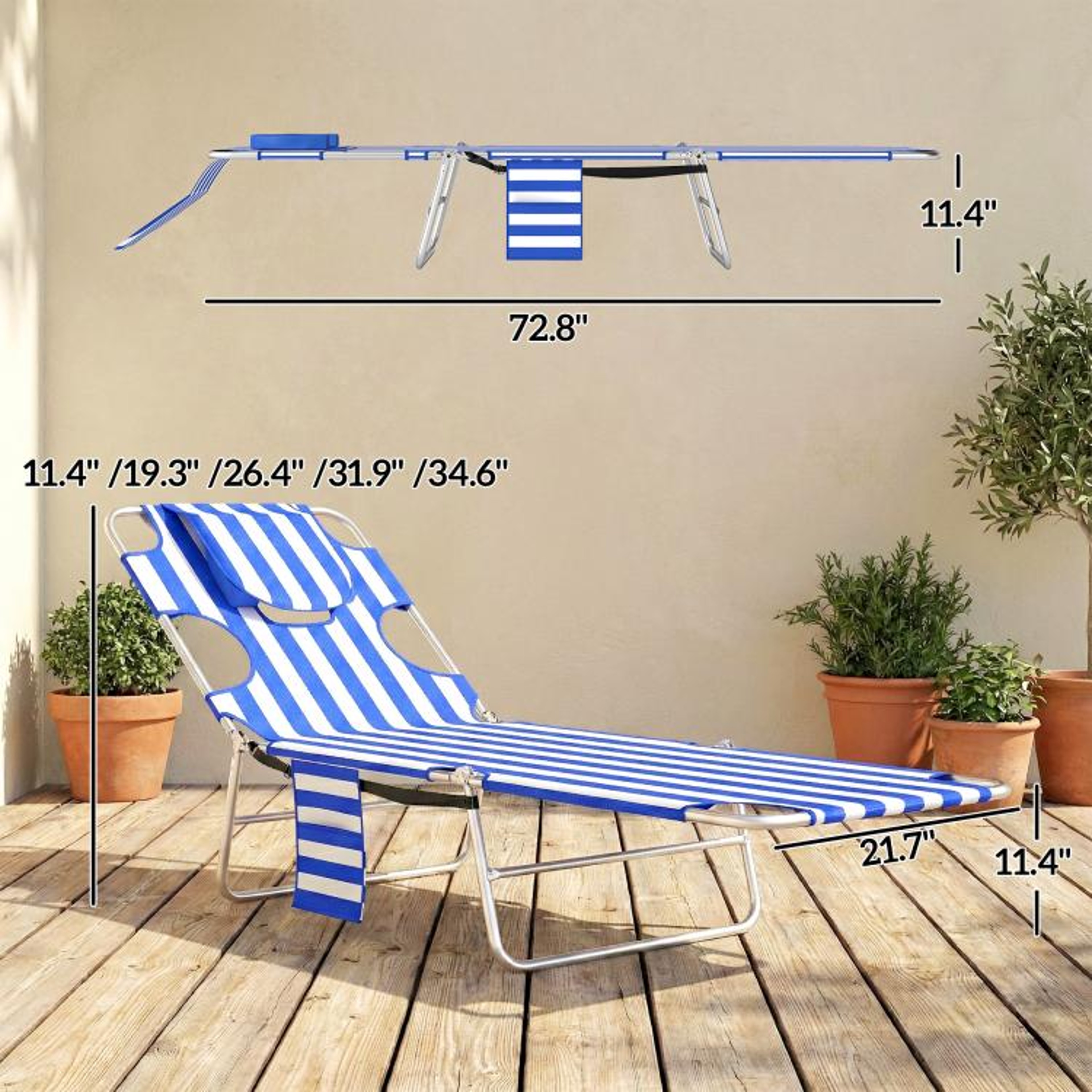 Folding Tanning Lounge Chair With Face Hole And 5 Adjustable Positions  Blue Stripes 4