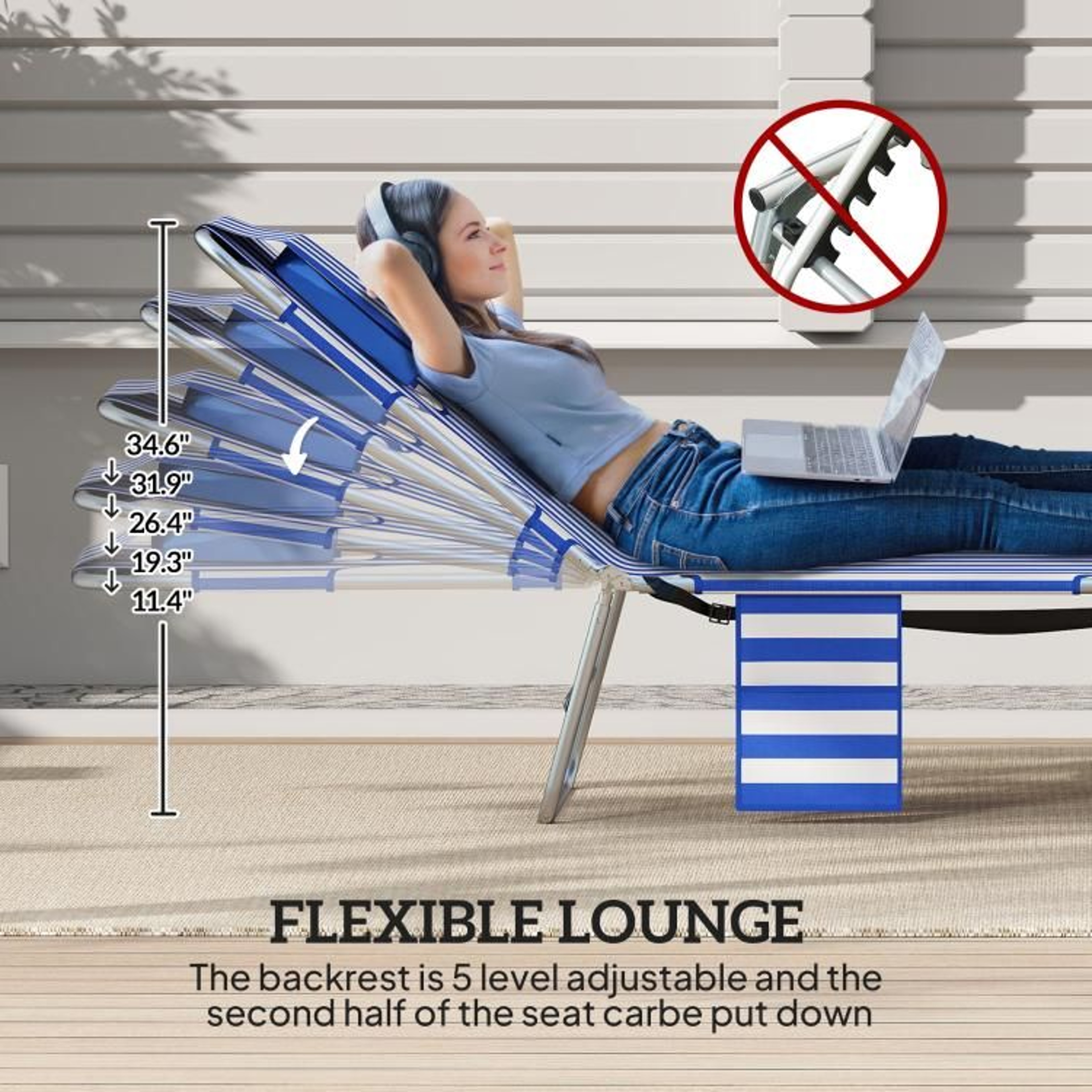 Folding Tanning Lounge Chair With Face Hole And 5 Adjustable Positions  Blue Stripes 5