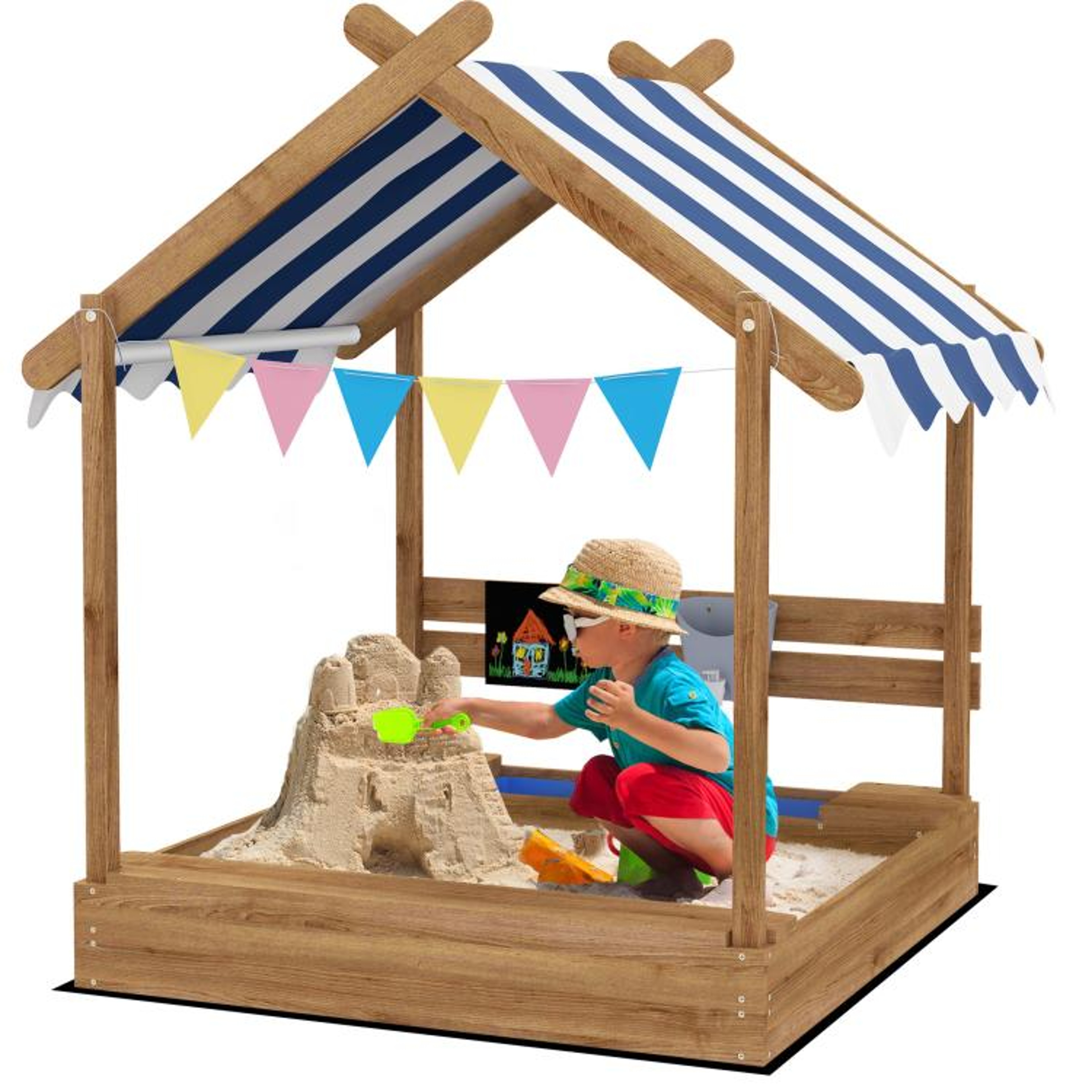 Wooden Sandbox With Canopy And Play Accessories For Kids Ages 37 0
