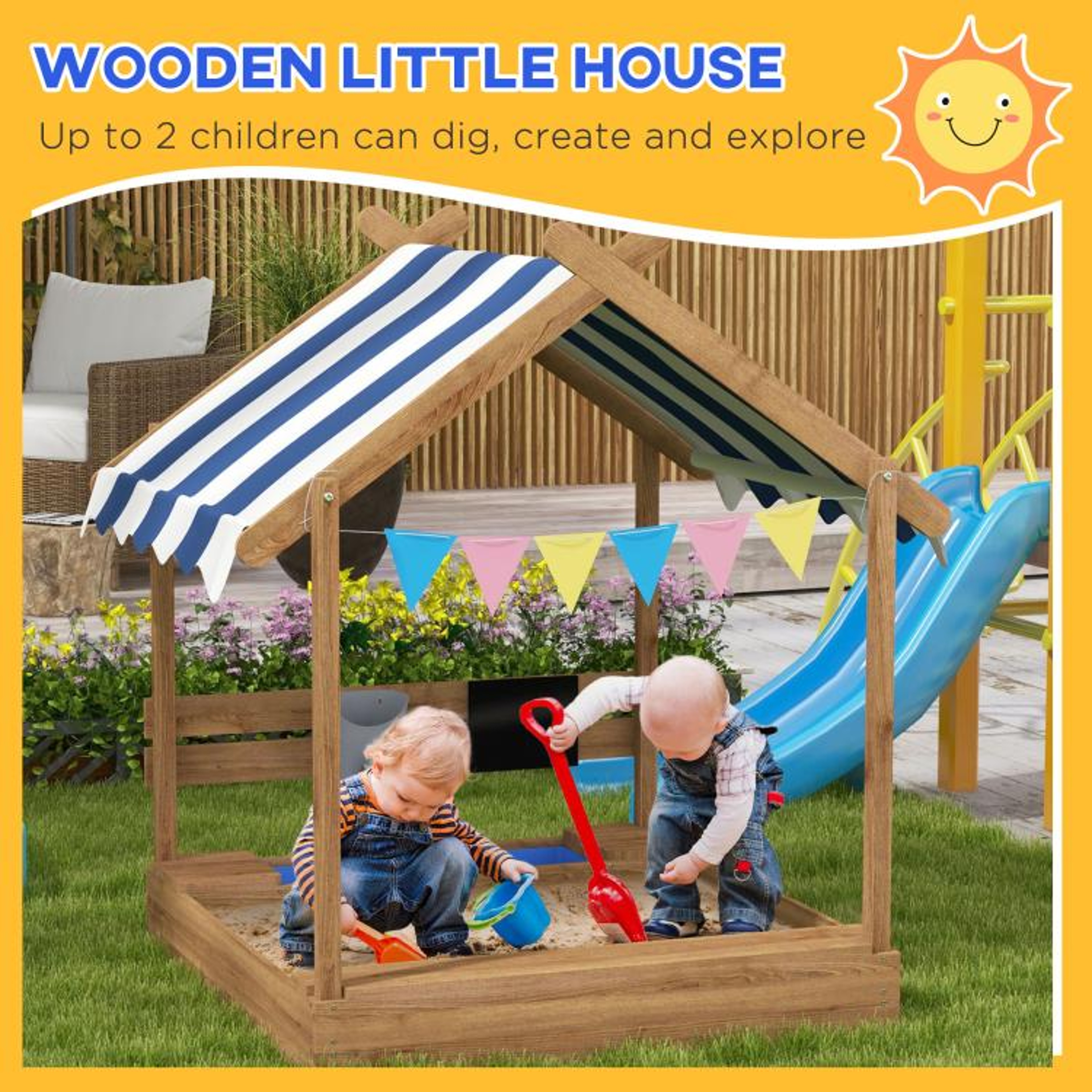 Wooden Sandbox With Canopy And Play Accessories For Kids Ages 37 5