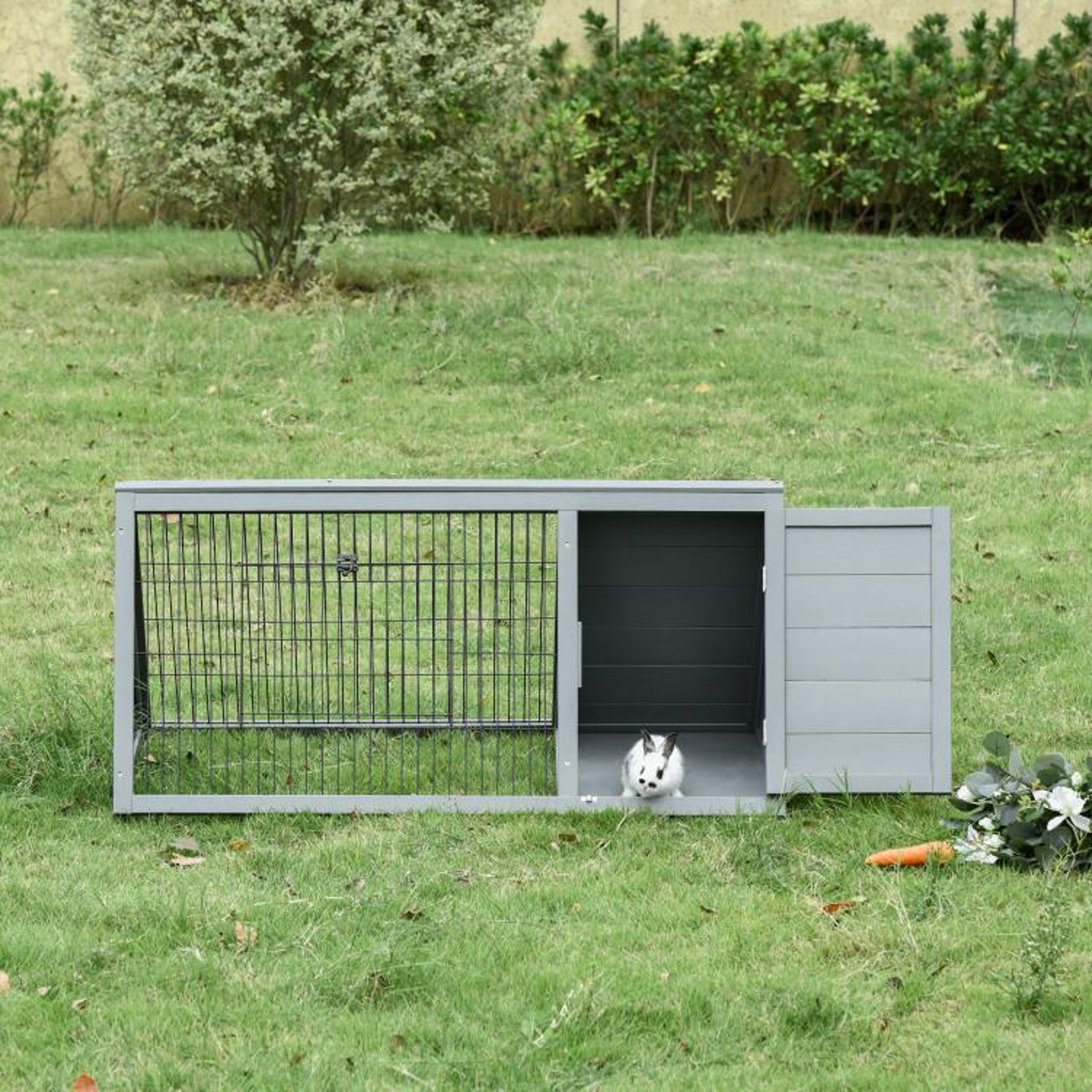 Outdoor Wooden Rabbit Hutch With Run And Enclosed Shelter  Light Gray 2