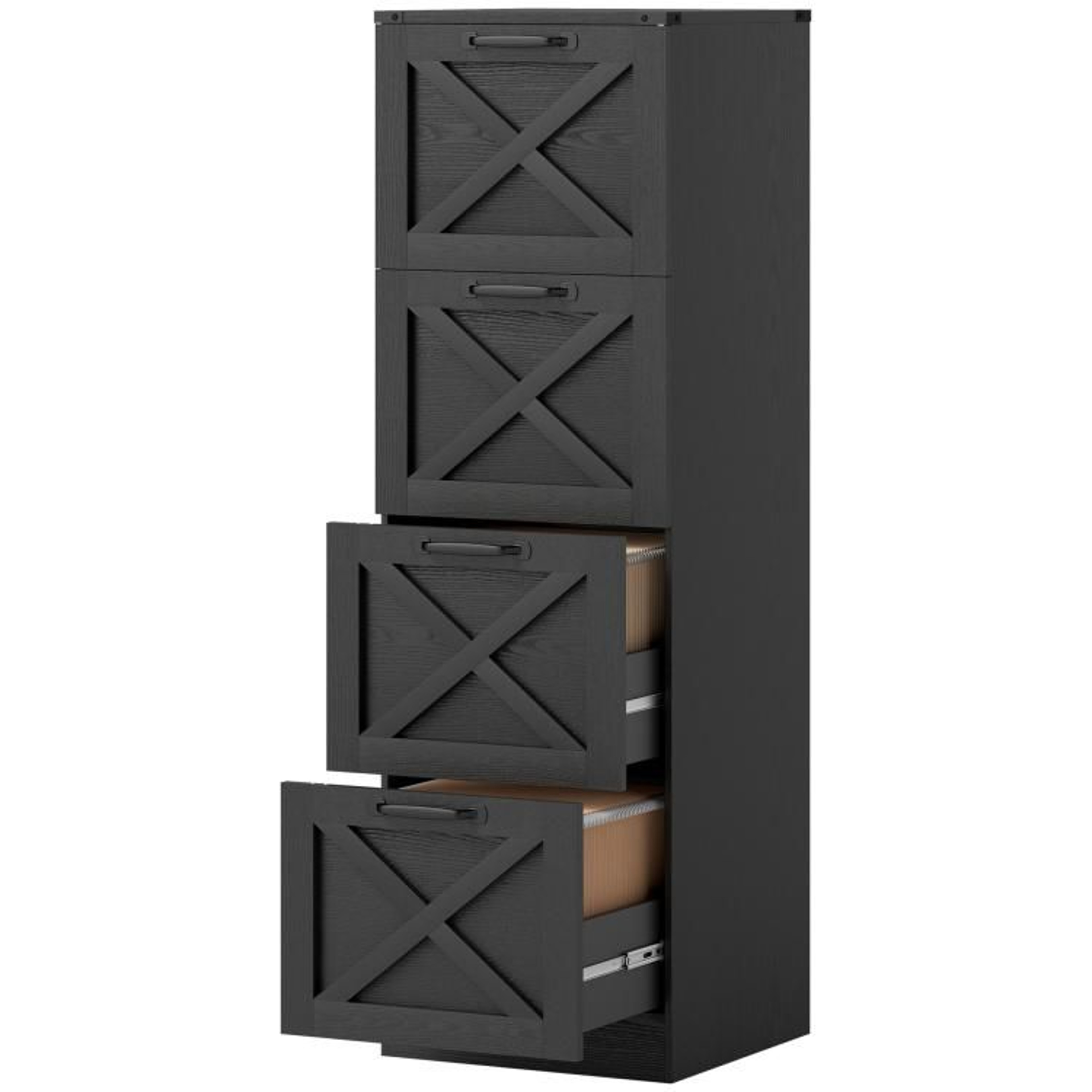 Farmhouse 4Drawer File Cabinet With XPattern Design And Printer Stand Black 1