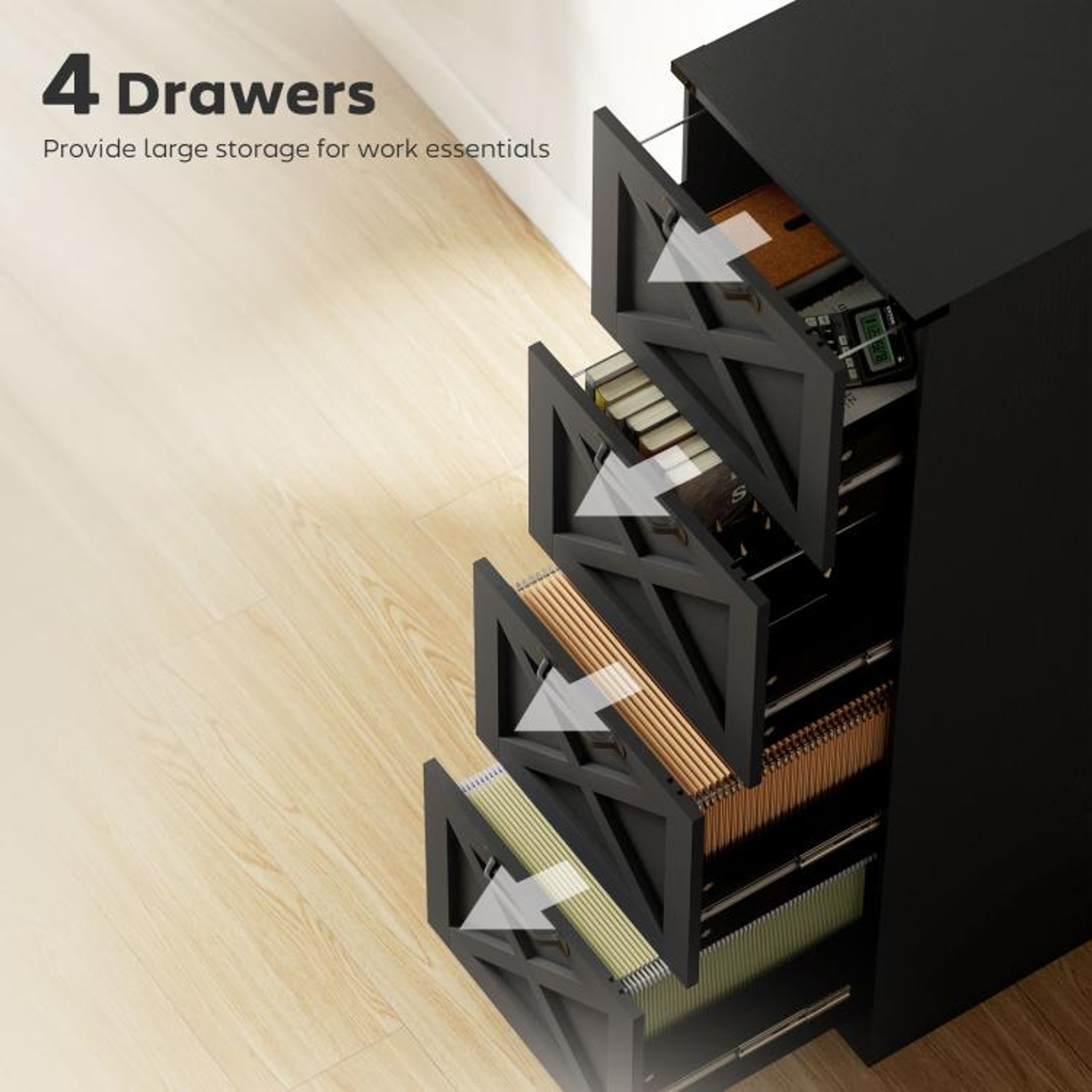 Farmhouse 4Drawer File Cabinet With XPattern Design And Printer Stand Black 6