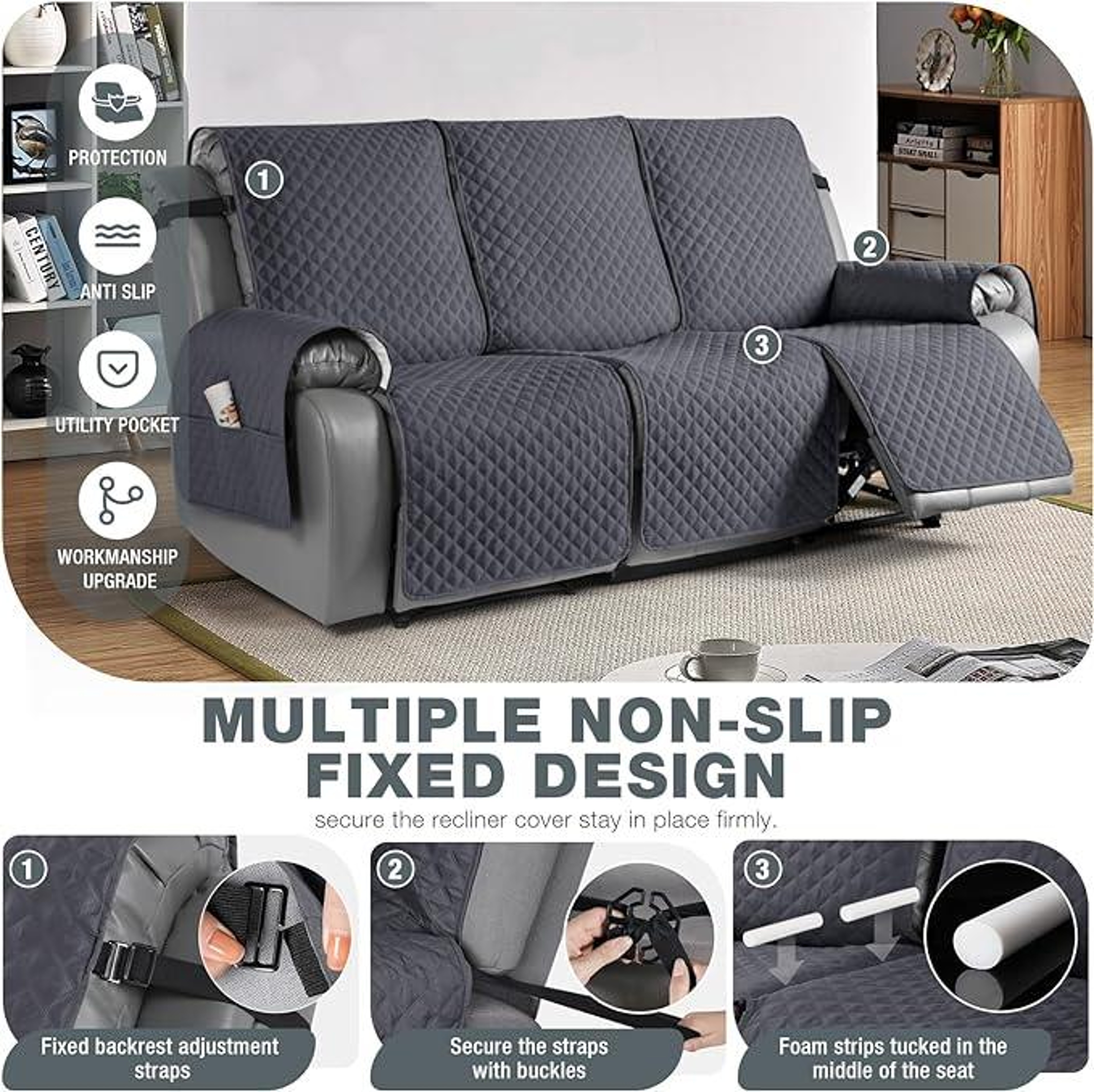 Recliner Sofa Slipcover  Soft Washable Furniture Cover With Adjustable Straps 1