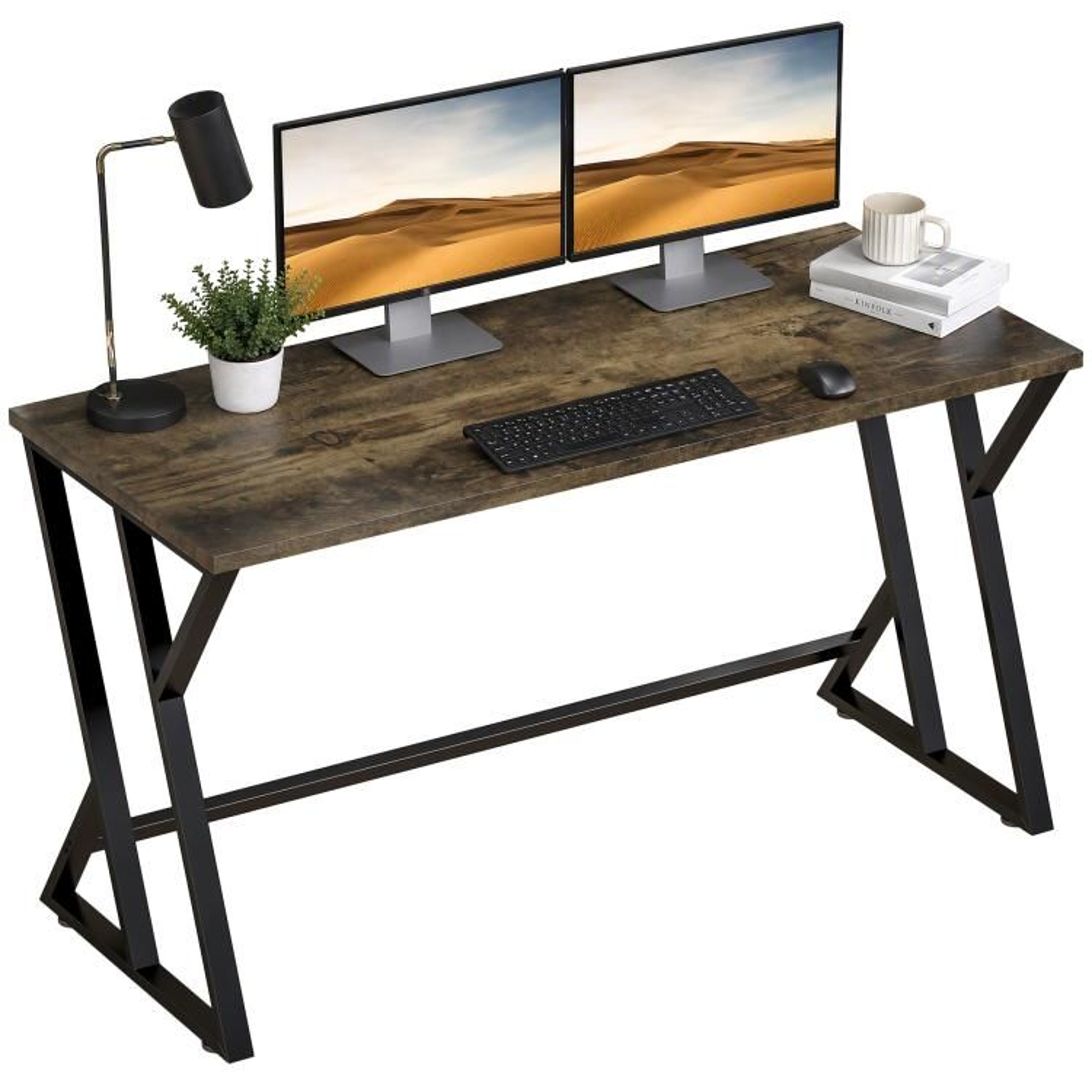 55 Inch Computer Desk With ZShaped Metal Frame  Rustic Brown Home Office Writing Desk 0