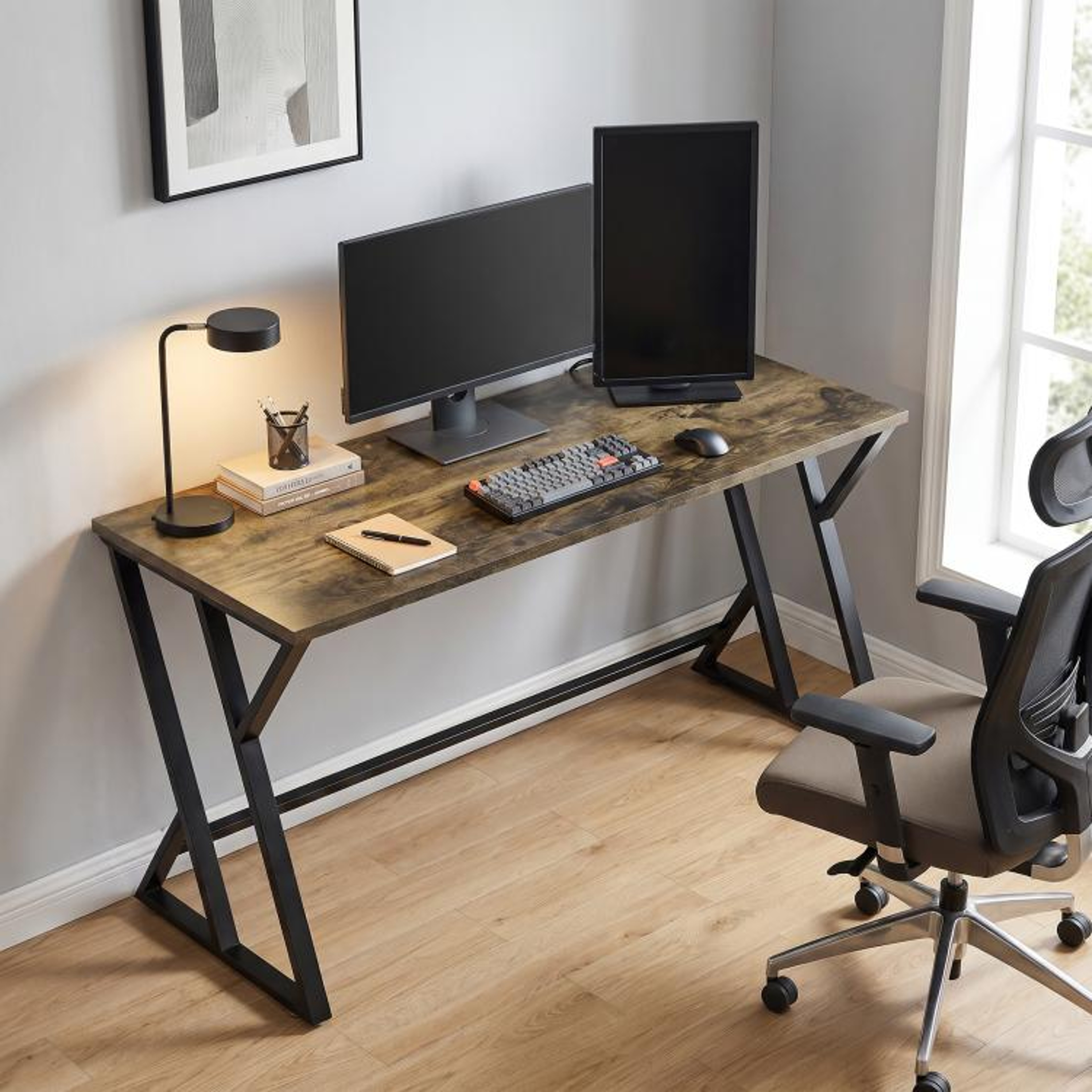 55 Inch Computer Desk With ZShaped Metal Frame  Rustic Brown Home Office Writing Desk 2