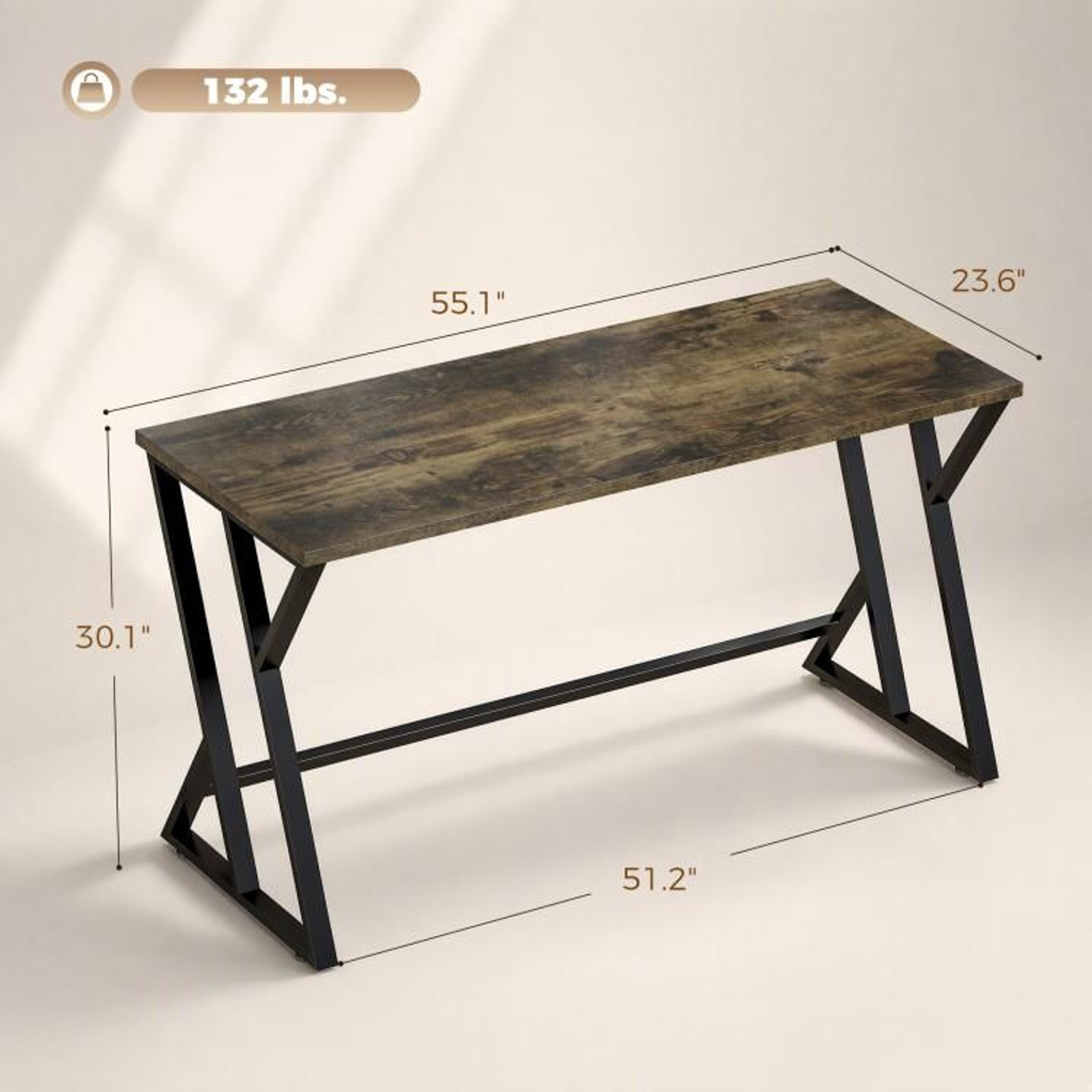 55 Inch Computer Desk With ZShaped Metal Frame  Rustic Brown Home Office Writing Desk 3