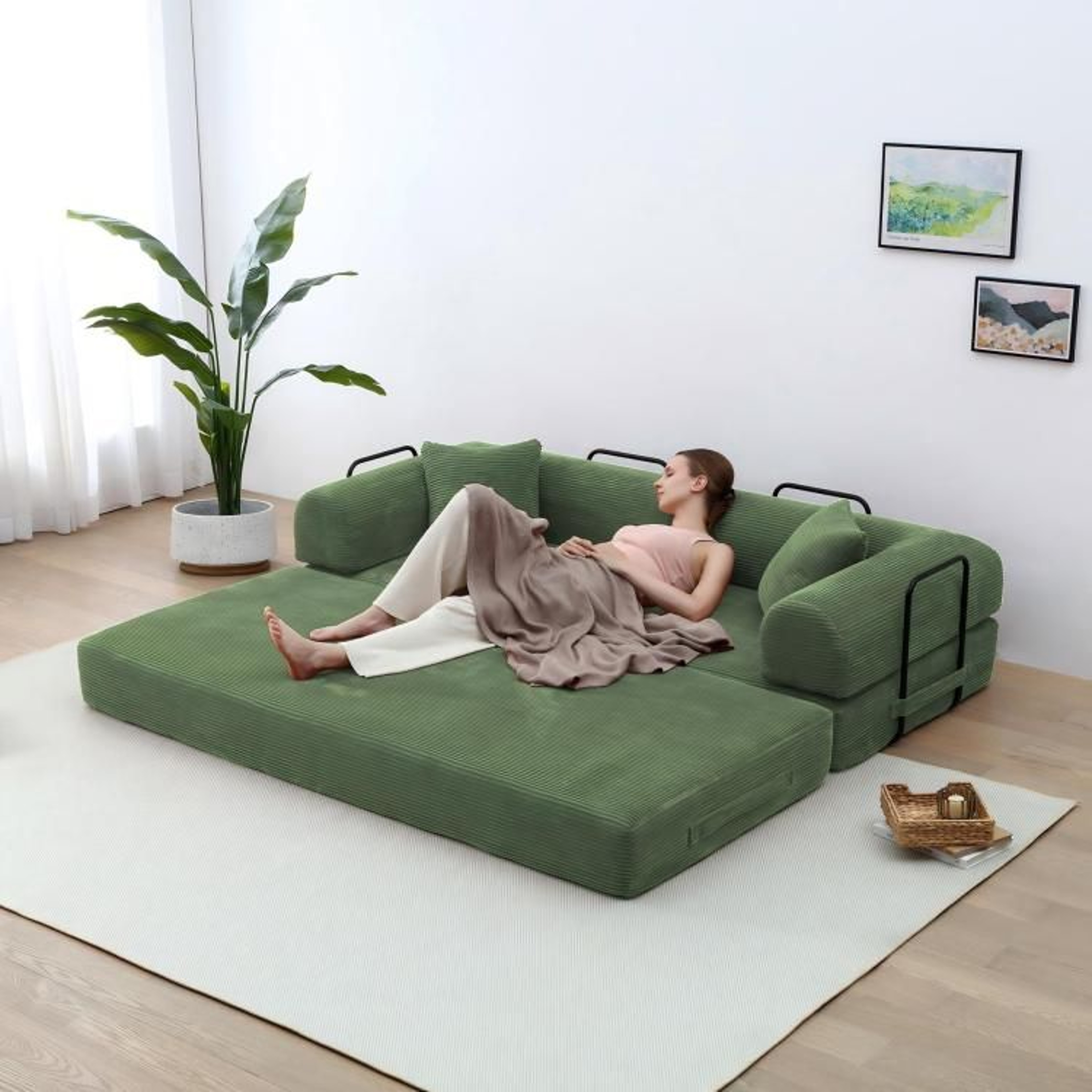 Convertible Sleeper Sofa Bed With Olive Green Corduroy Upholstery 3