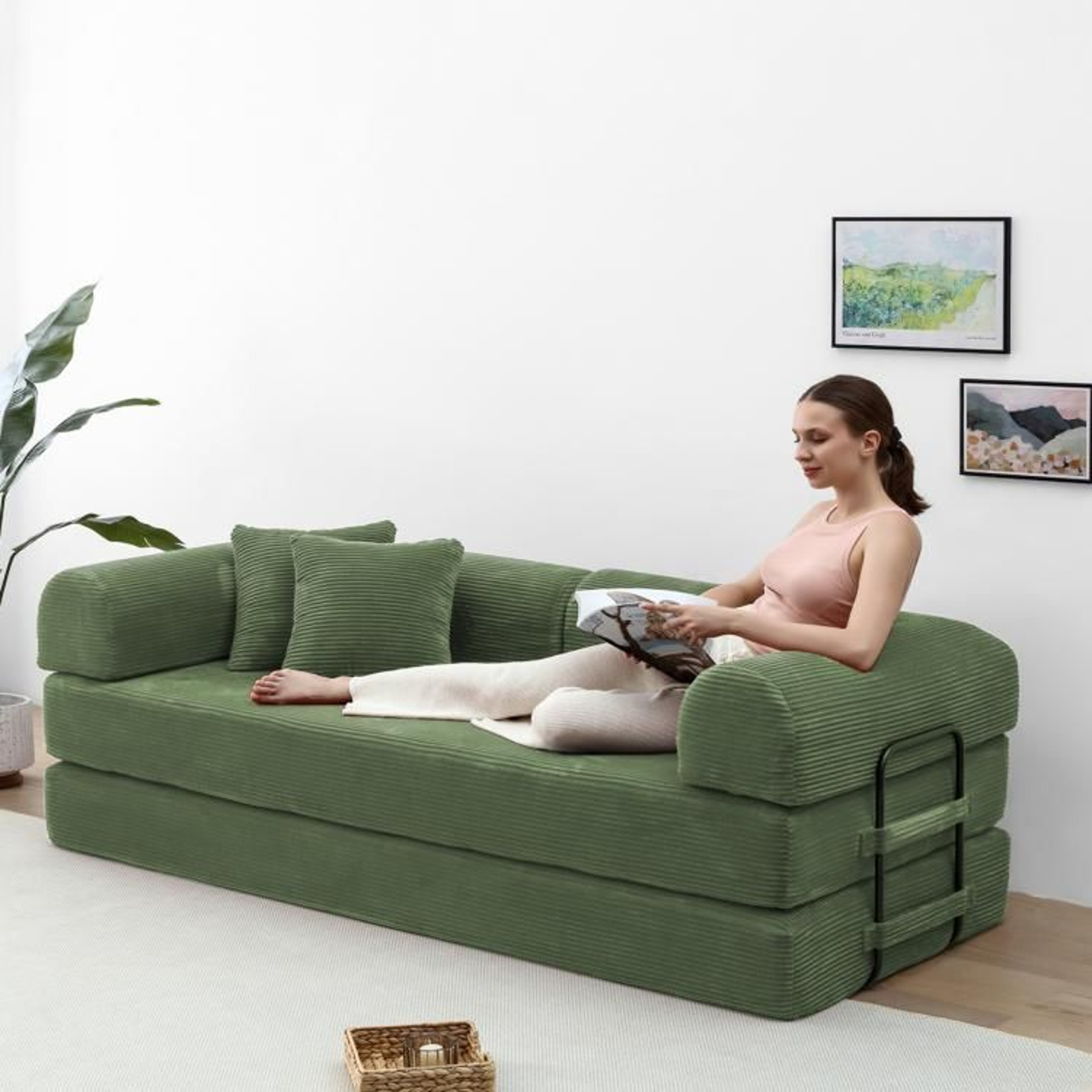 Convertible Sleeper Sofa Bed With Olive Green Corduroy Upholstery 4