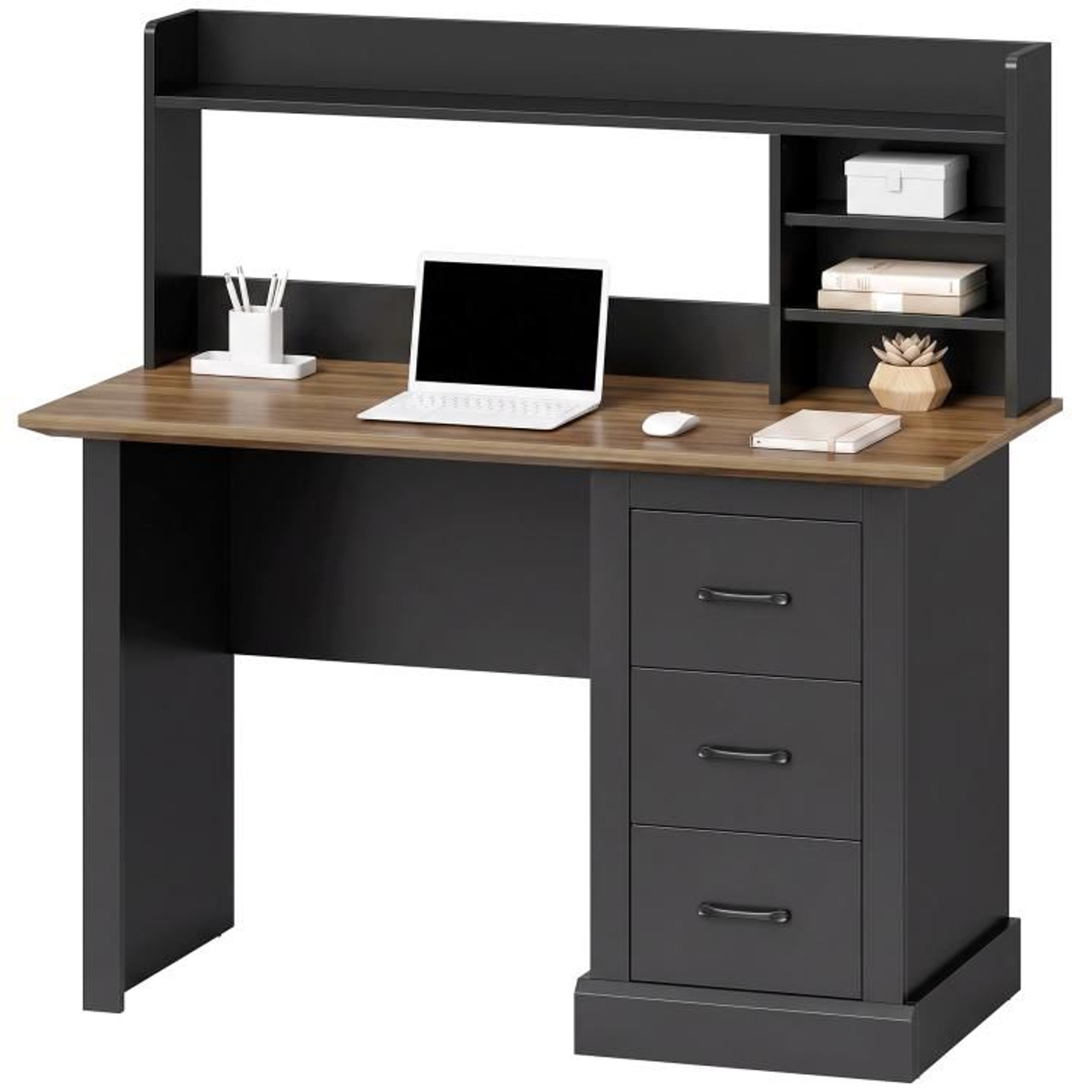 47 Inch Computer Desk With 3 Drawers And Storage Hutch In Walnut And Black 0