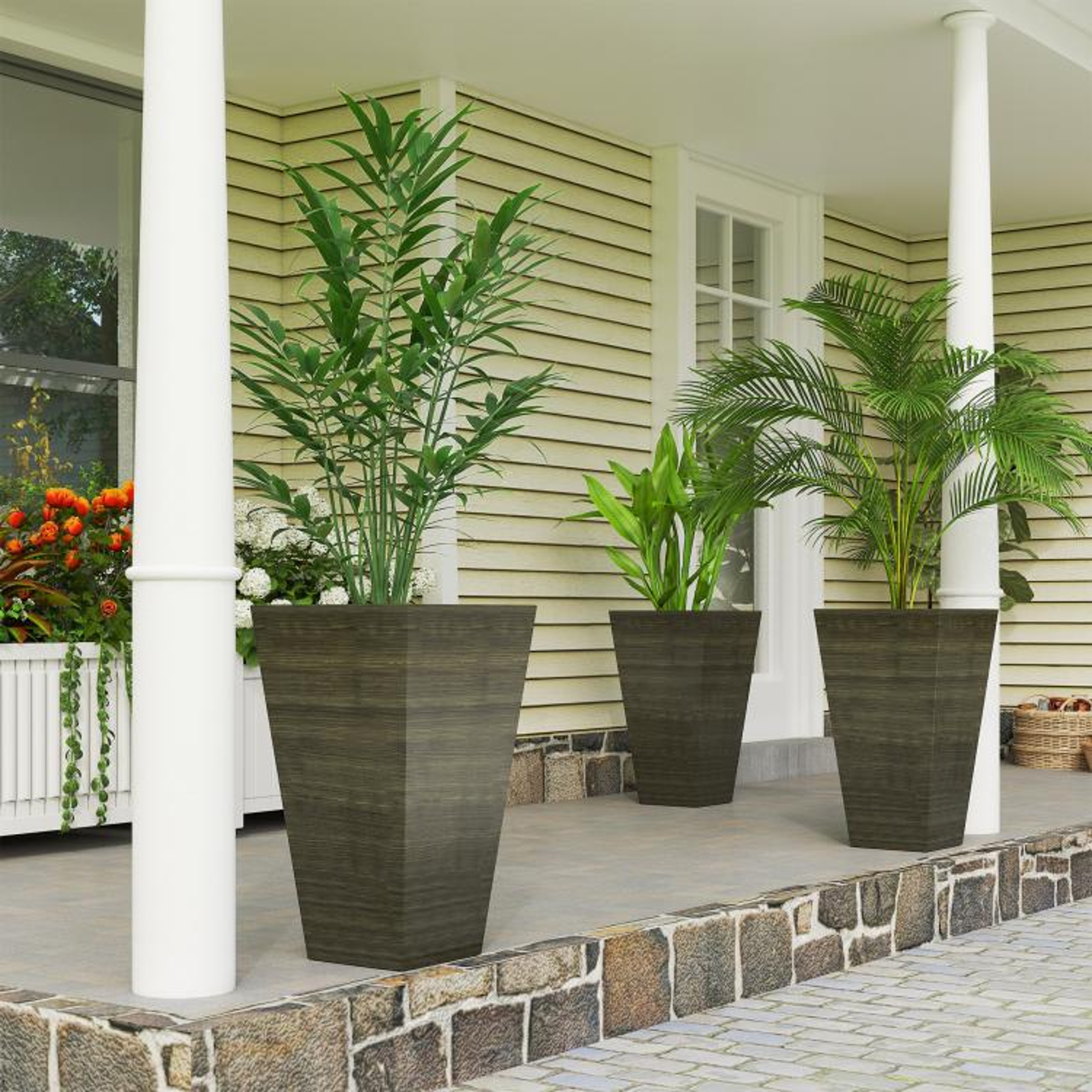 Set Of 3 Tall Outdoor Planters 28 Inch With Drainage Holes And Faux Wood Finish 0