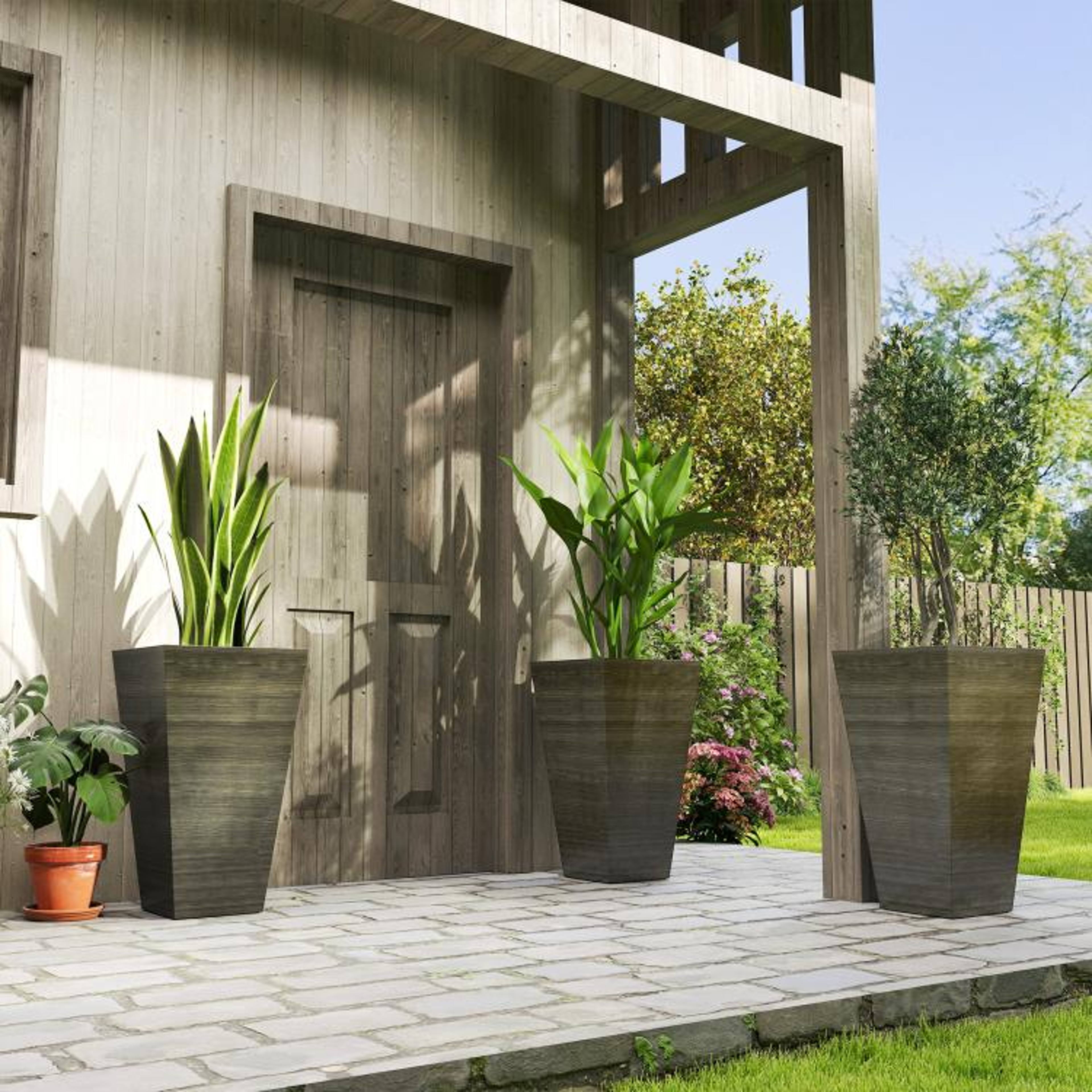 Set Of 3 Tall Outdoor Planters 28 Inch With Drainage Holes And Faux Wood Finish 2