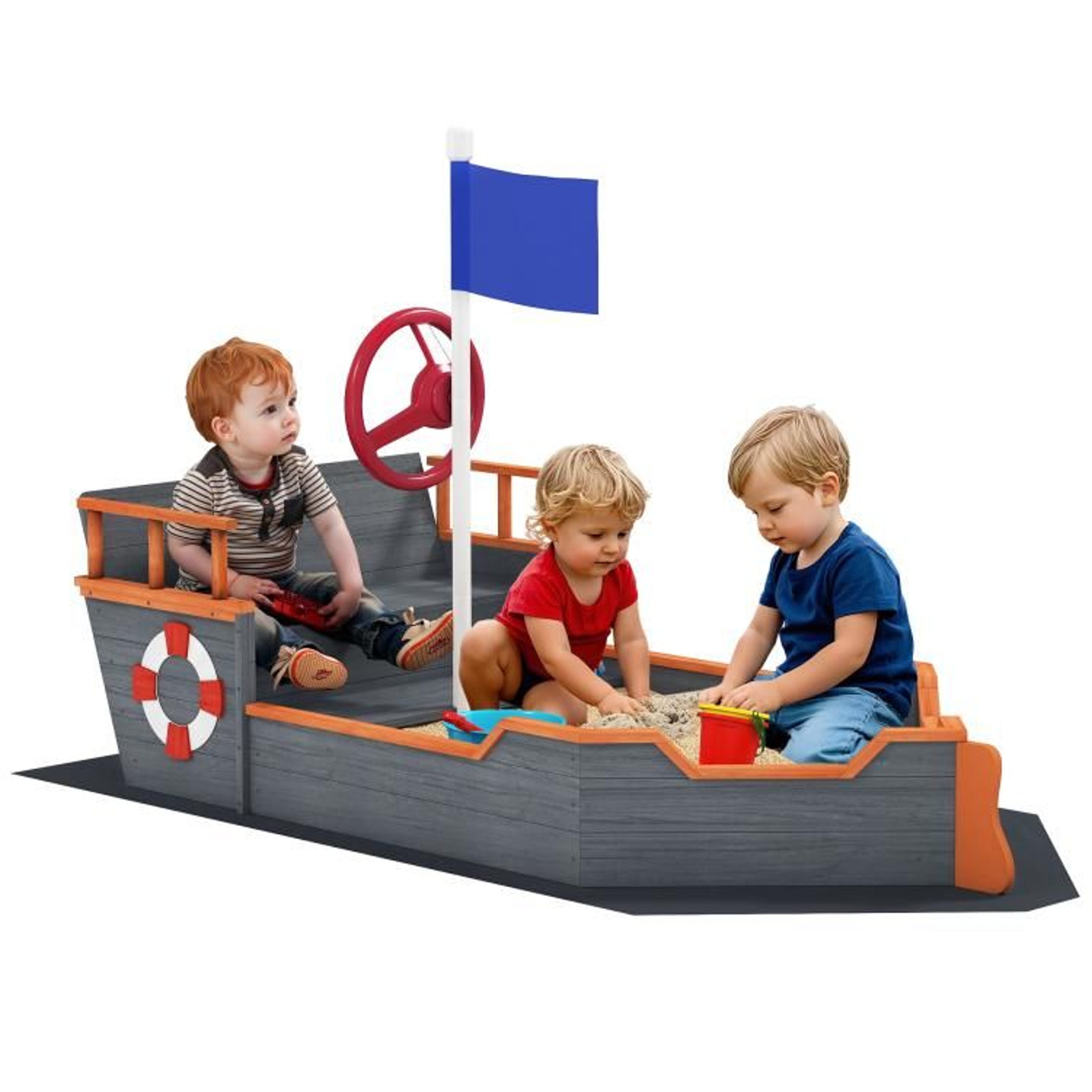 Kids Wooden Pirate Ship Sandbox With Bench Seat And Toy Storage  Gray 0