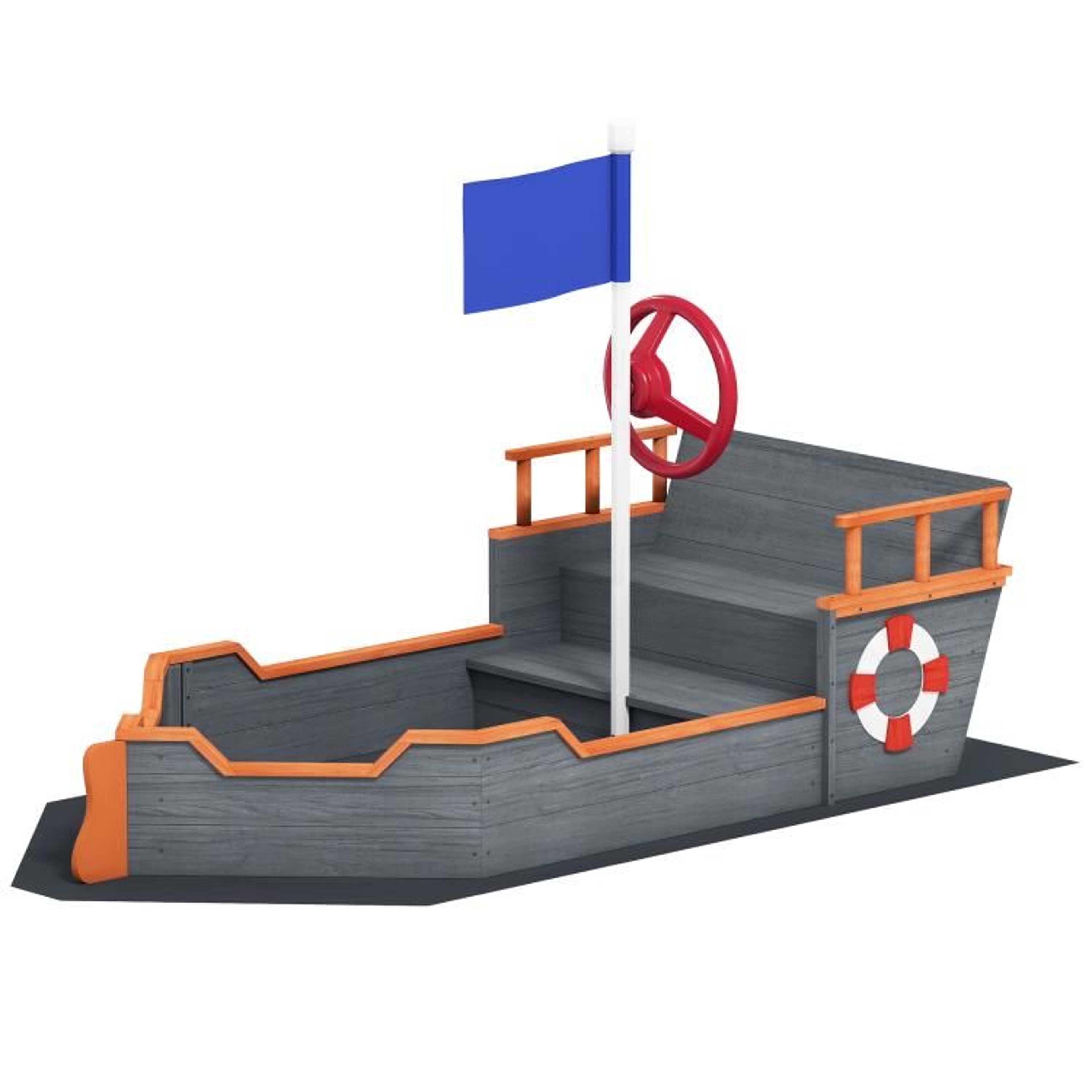 Kids Wooden Pirate Ship Sandbox With Bench Seat And Toy Storage  Gray 1