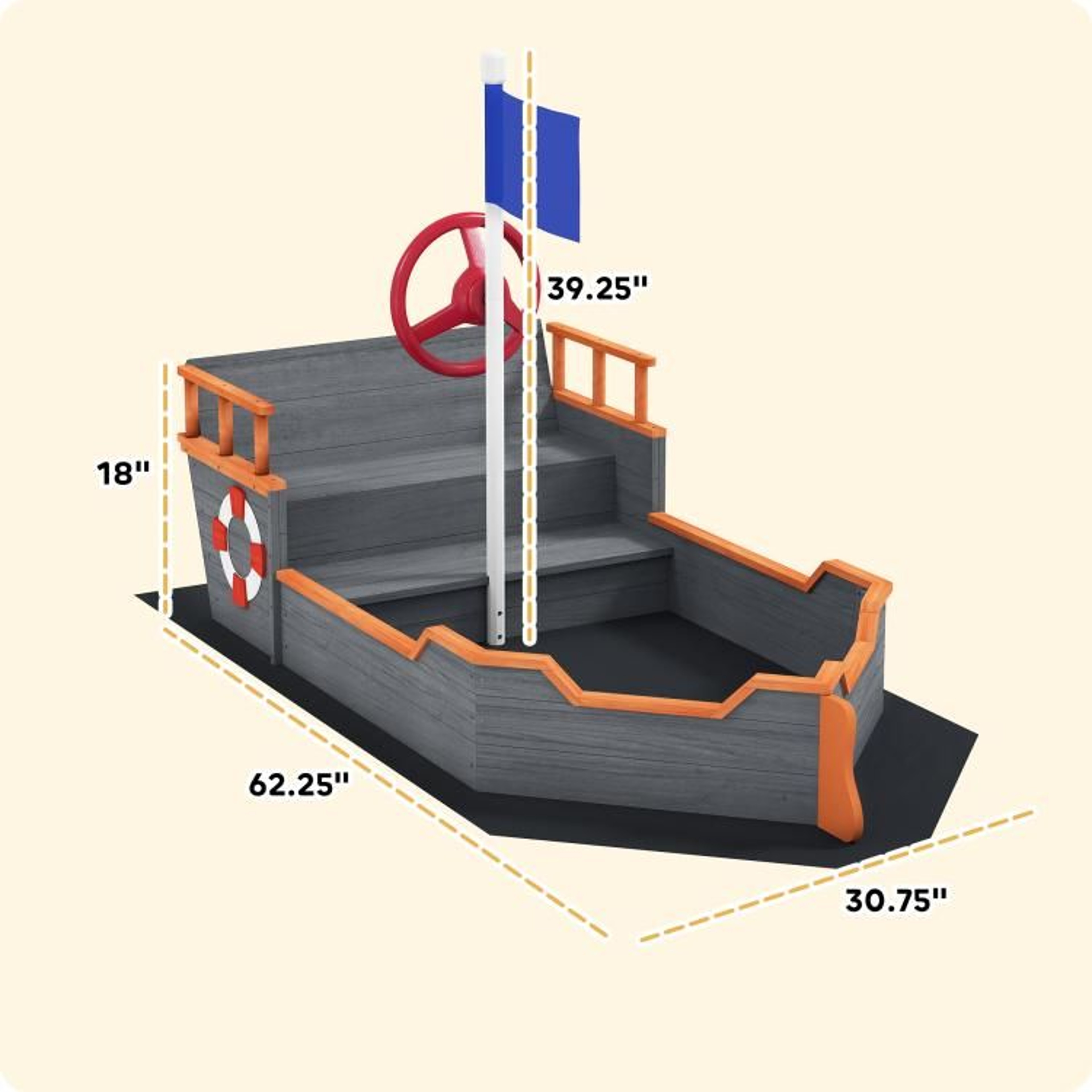 Kids Wooden Pirate Ship Sandbox With Bench Seat And Toy Storage  Gray 4