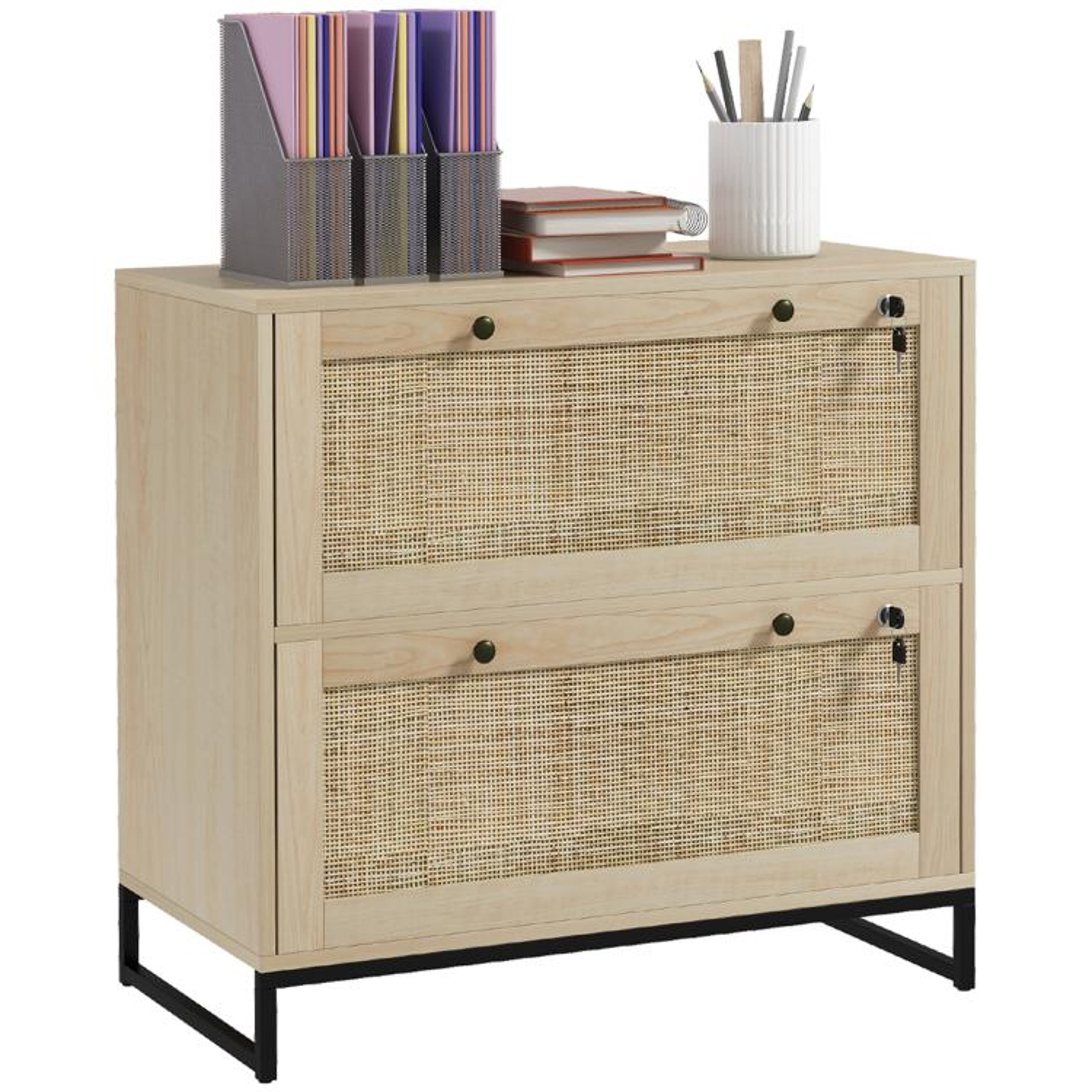 Boho 2Drawer Locking File Cabinet With Rattan Panels And Adjustable Hanging Bars 0