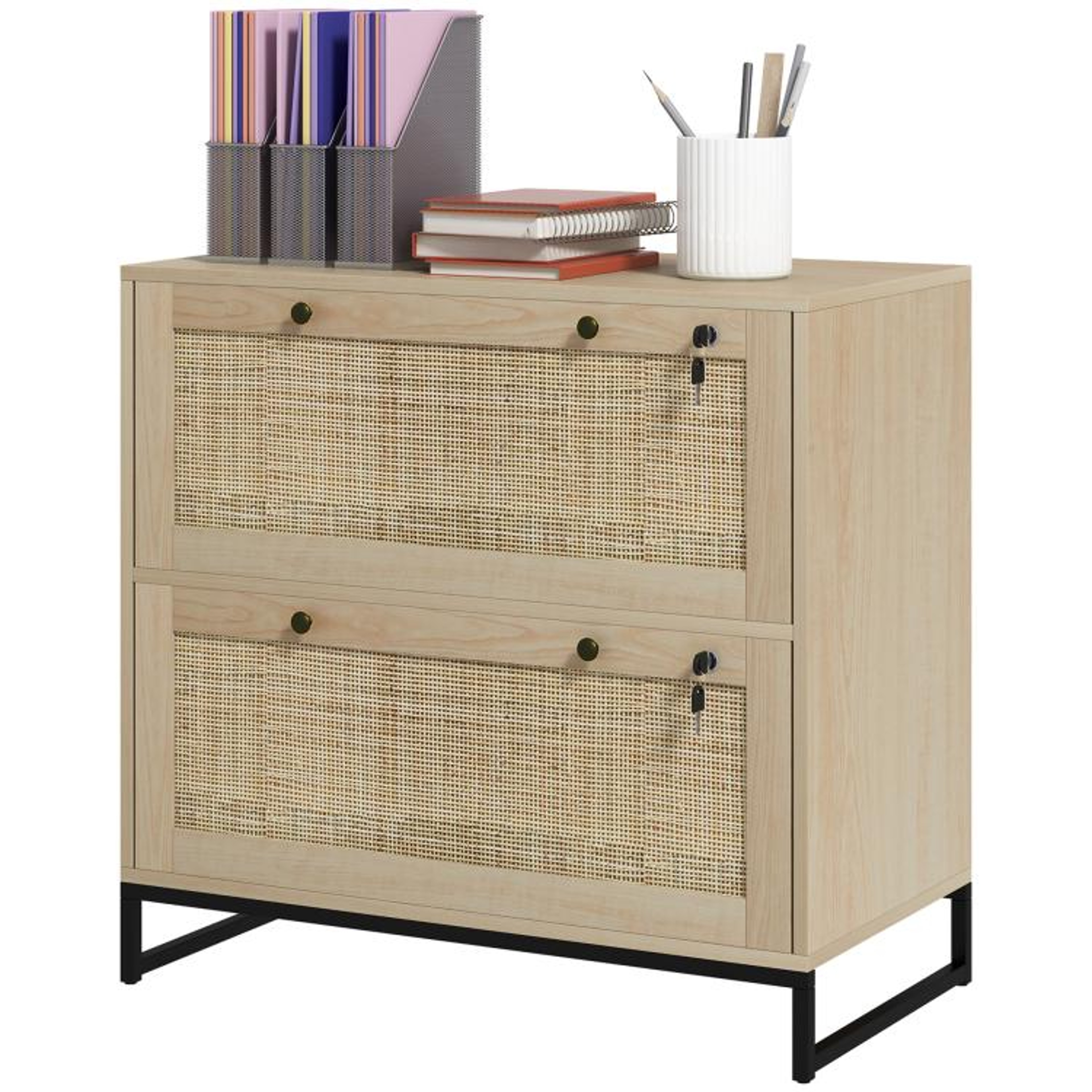 Boho 2Drawer Locking File Cabinet With Rattan Panels And Adjustable Hanging Bars 1