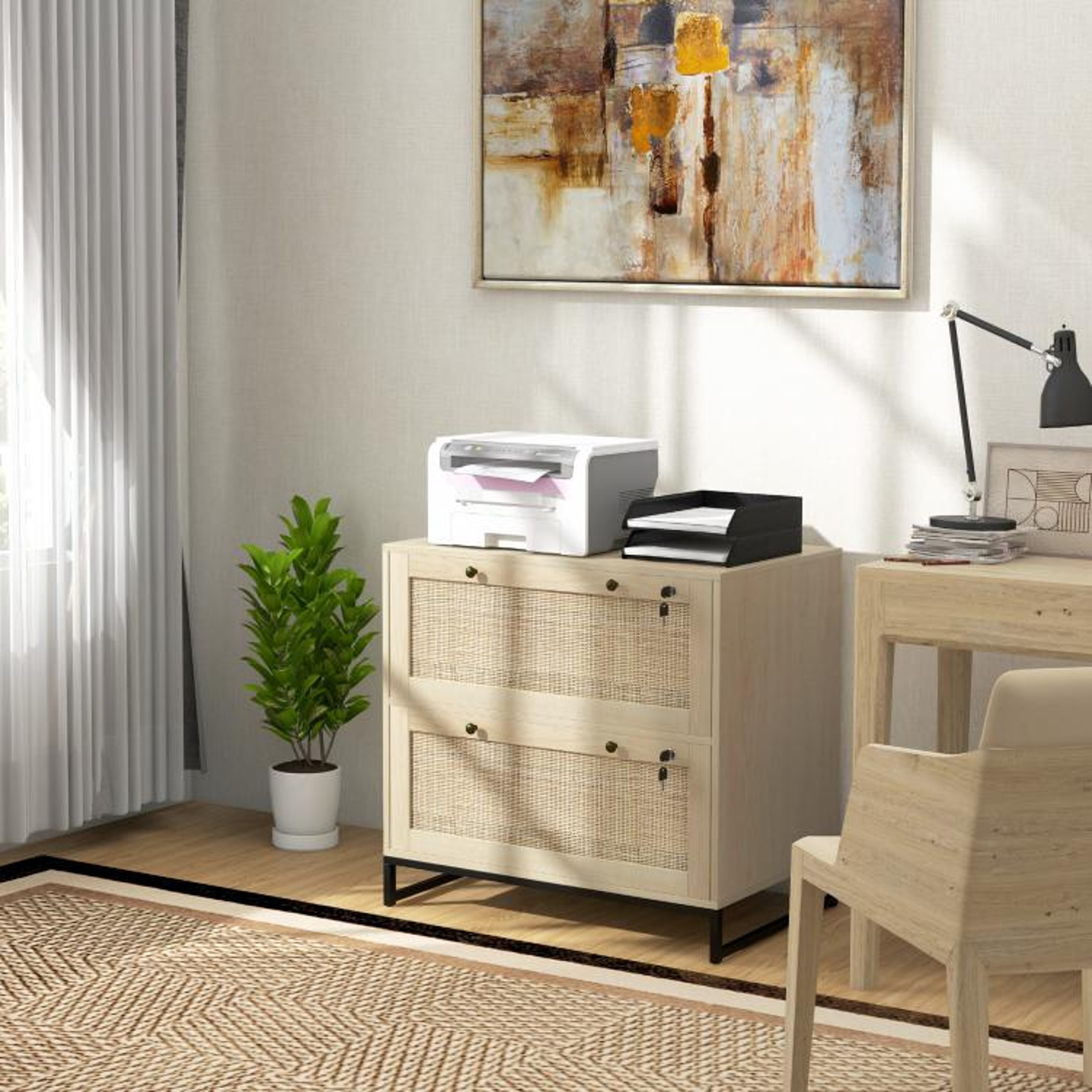 Boho 2Drawer Locking File Cabinet With Rattan Panels And Adjustable Hanging Bars 2