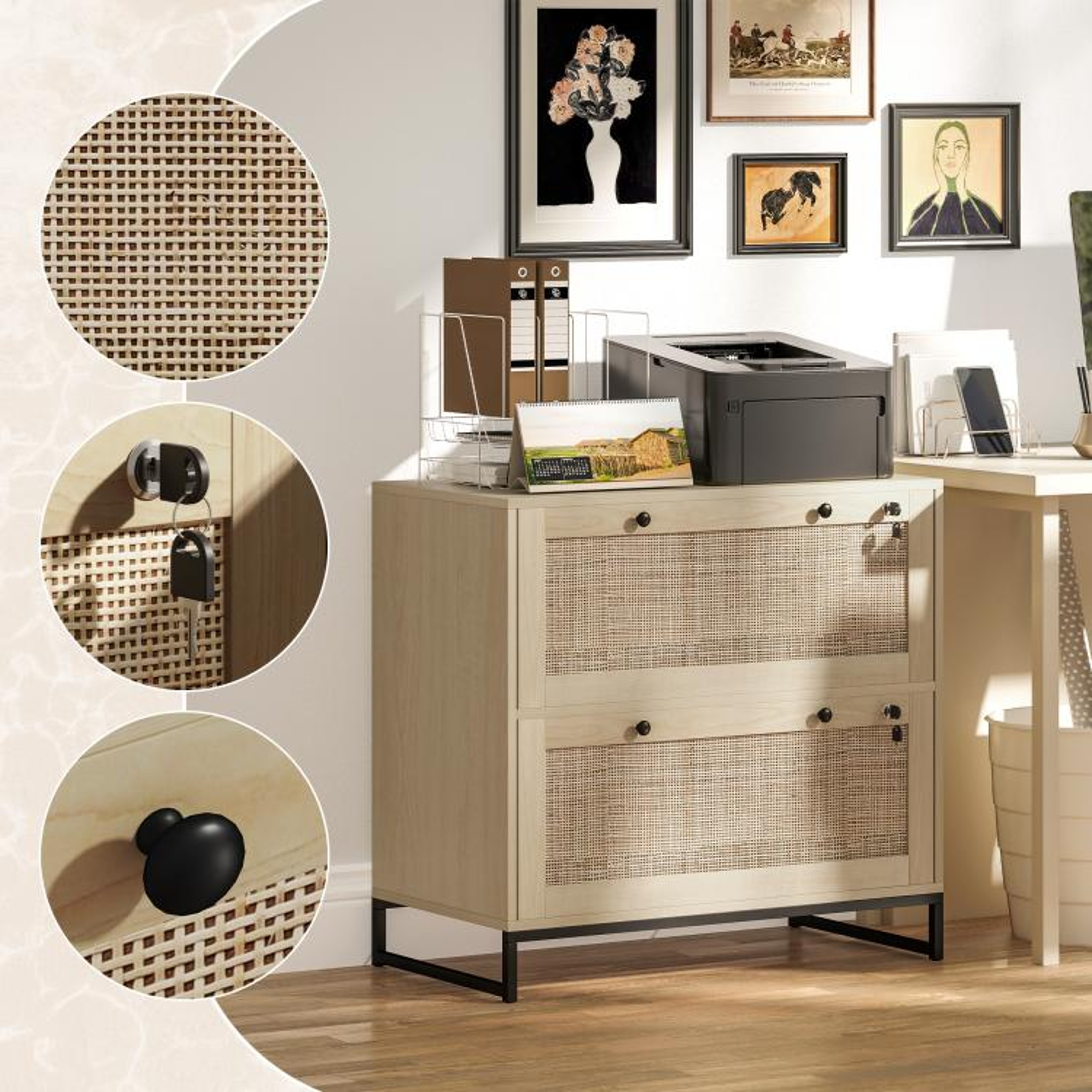 Boho 2Drawer Locking File Cabinet With Rattan Panels And Adjustable Hanging Bars 6