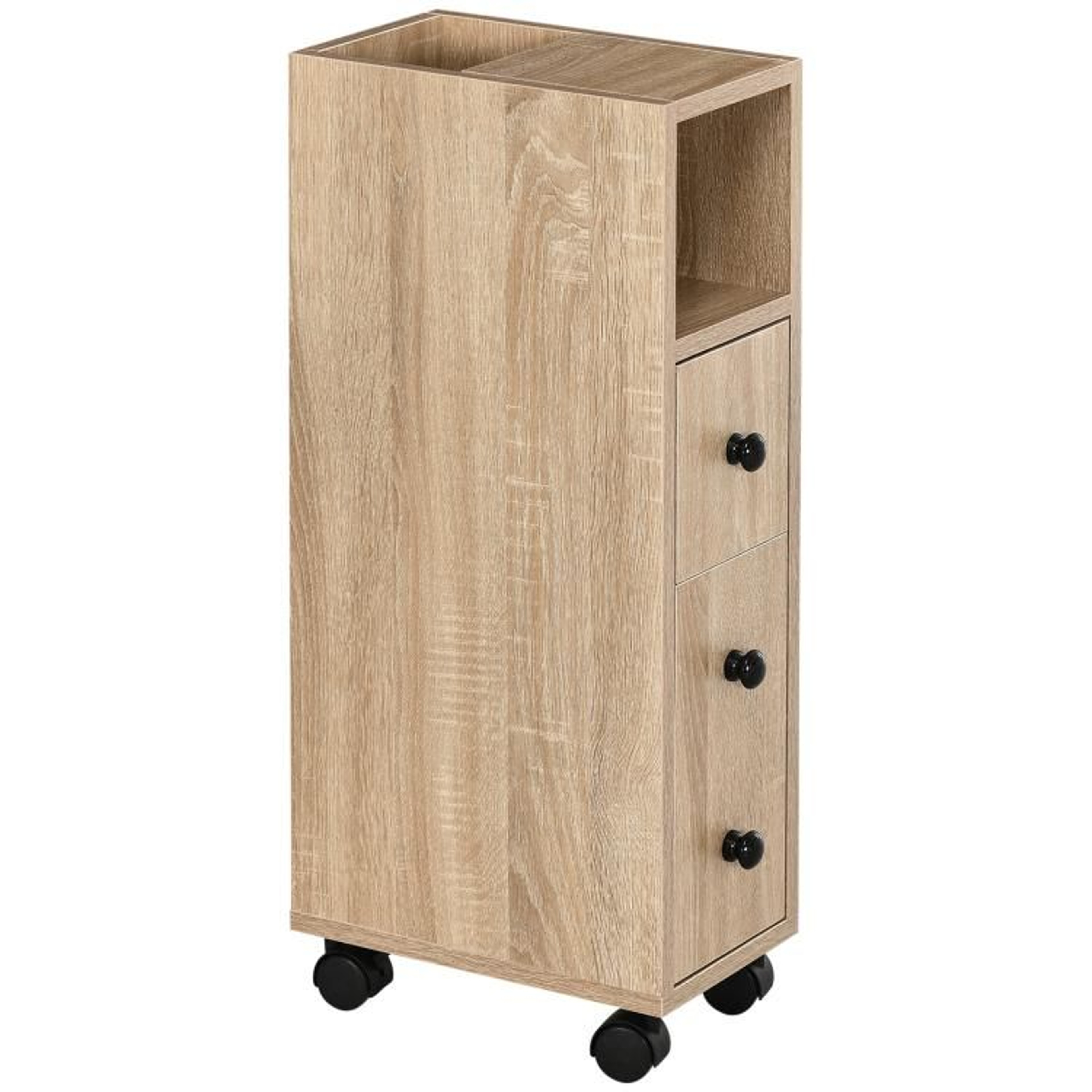 Slim Bathroom Storage Cabinet With Drawer And Rolling Wheels In Oak 0