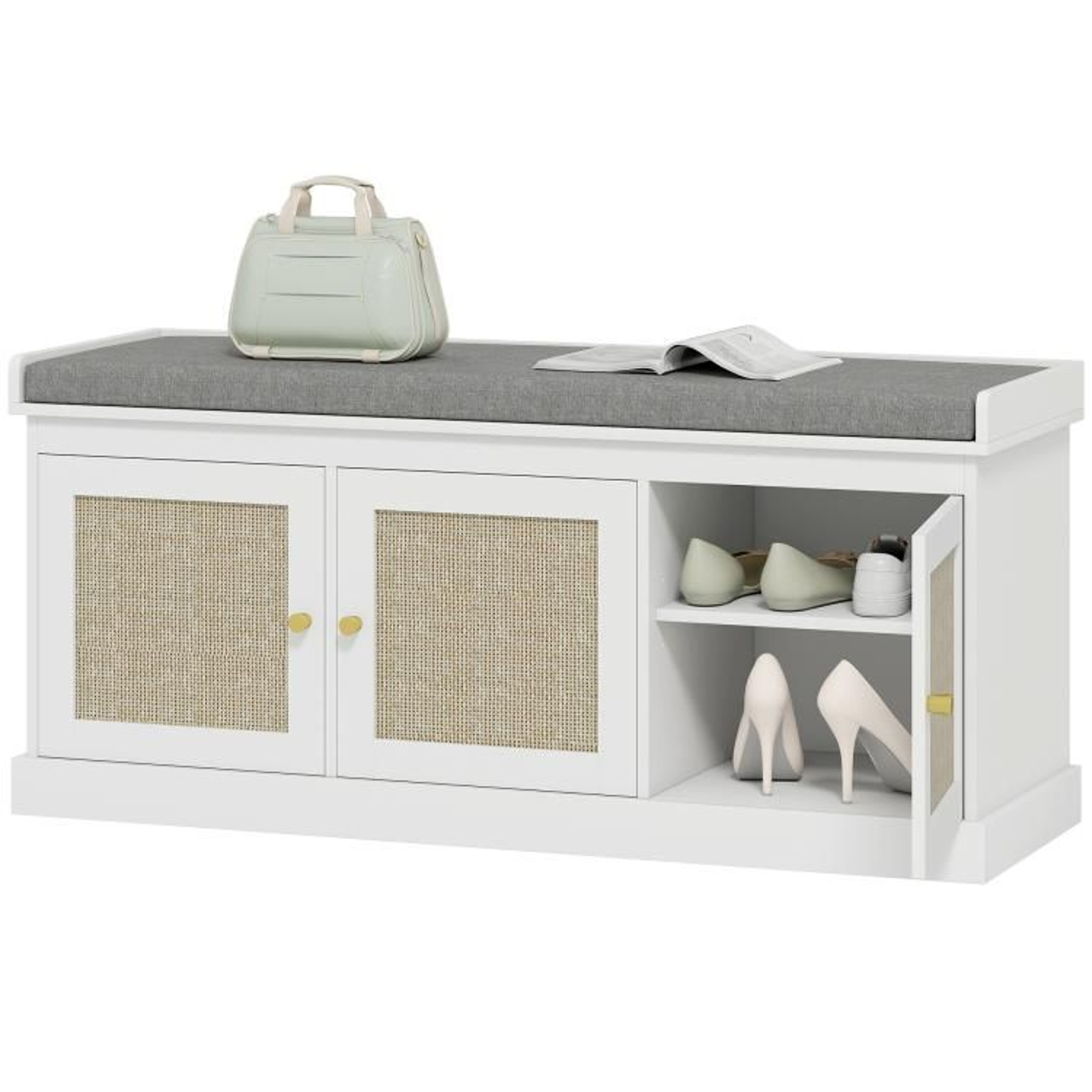 Shoe Storage Bench With Woven Rattan Doors And Cushioned Seat White 1