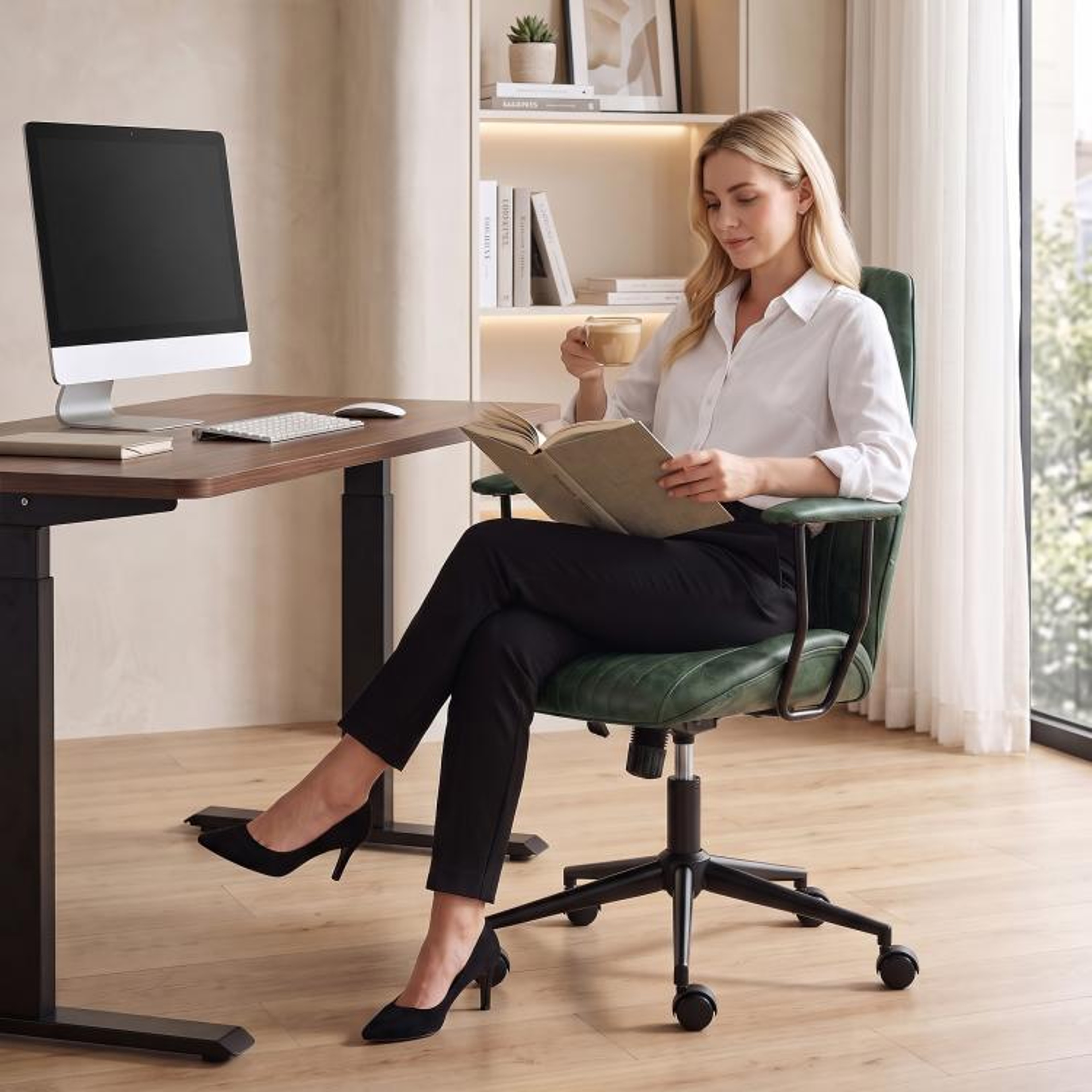 Green PU Leather MidBack Office Desk Chair With Adjustable Height And Swivel 5