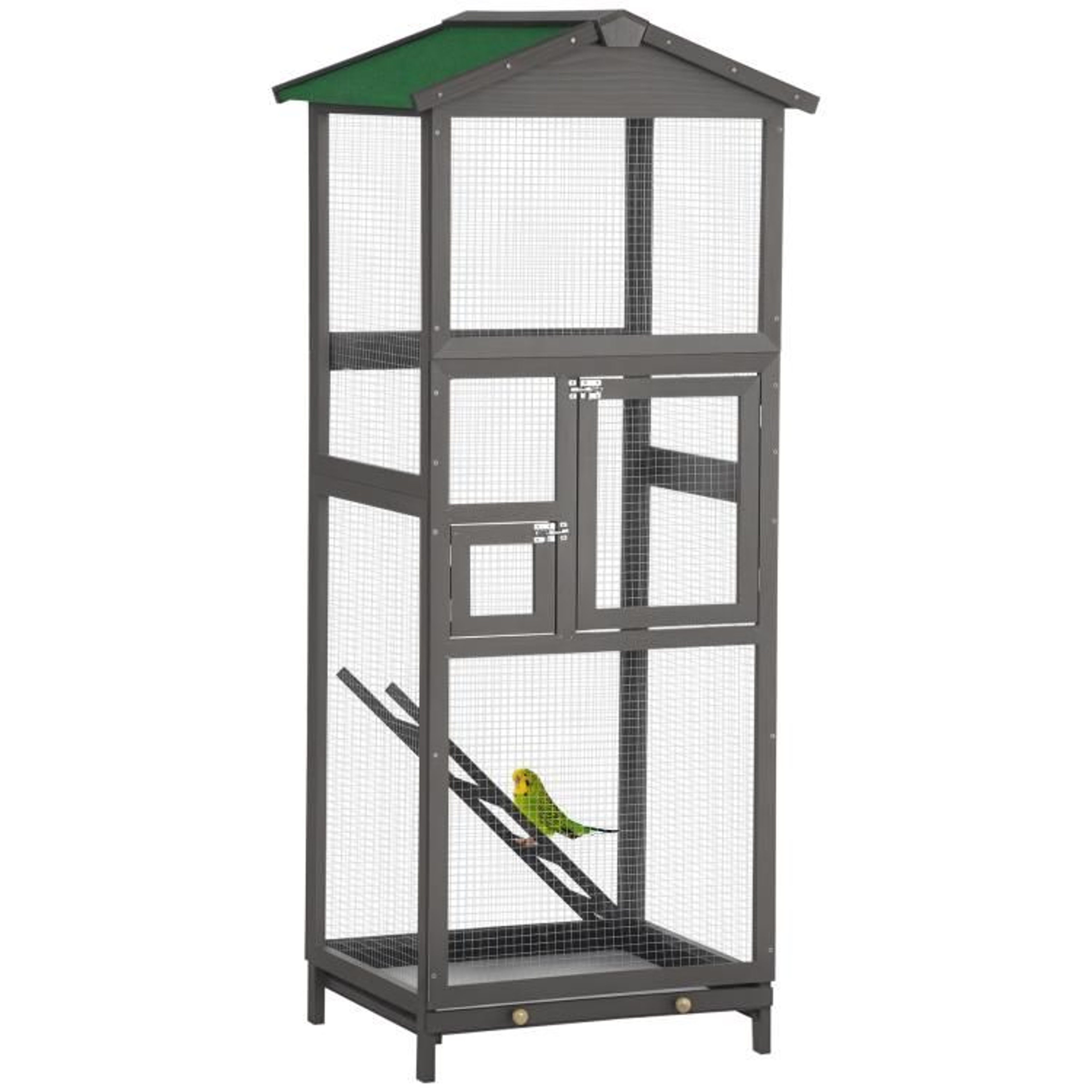 65 Inch Wooden Outdoor Bird Aviary Cage With 2 Doors And PullOut Tray  Gray 0