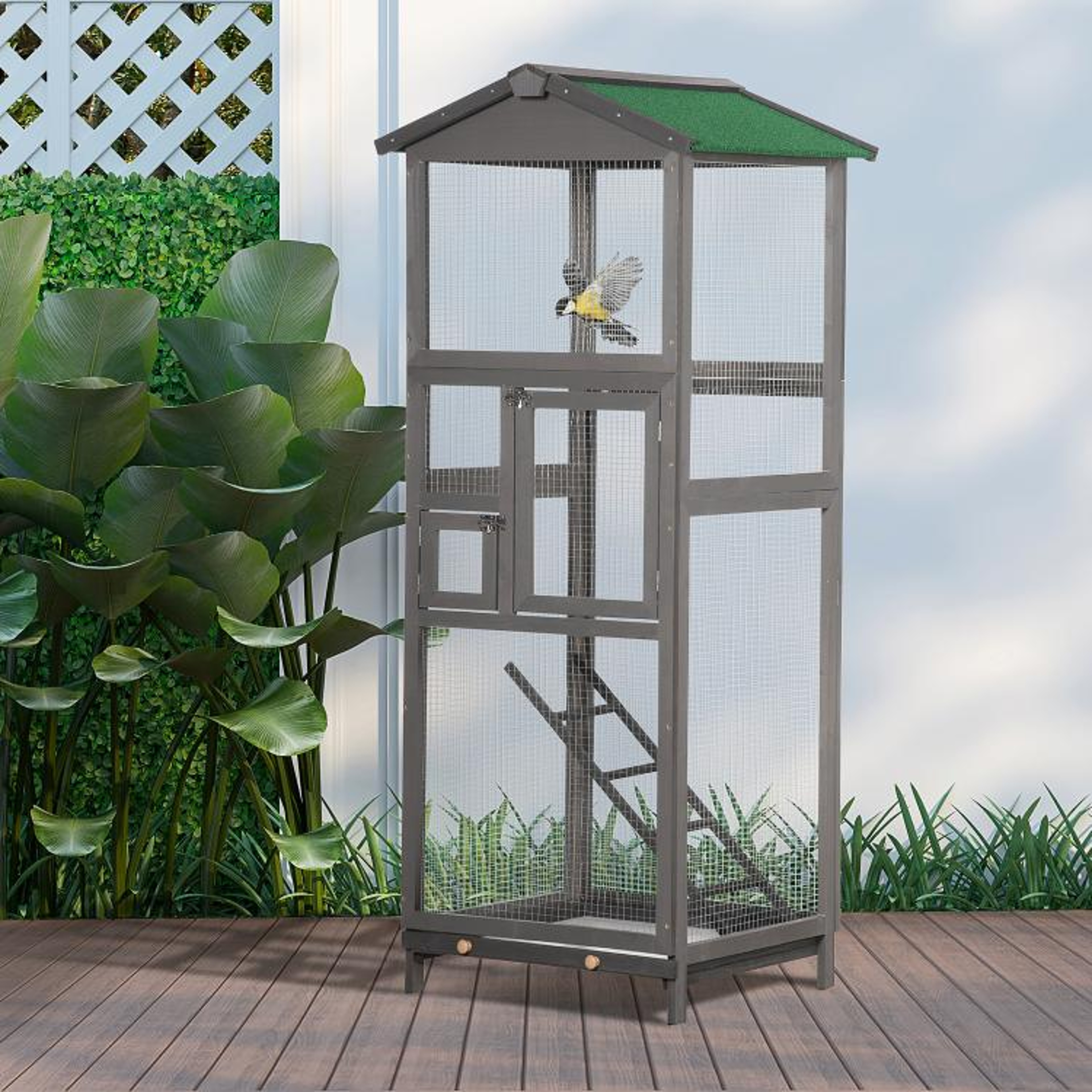 65 Inch Wooden Outdoor Bird Aviary Cage With 2 Doors And PullOut Tray  Gray 2