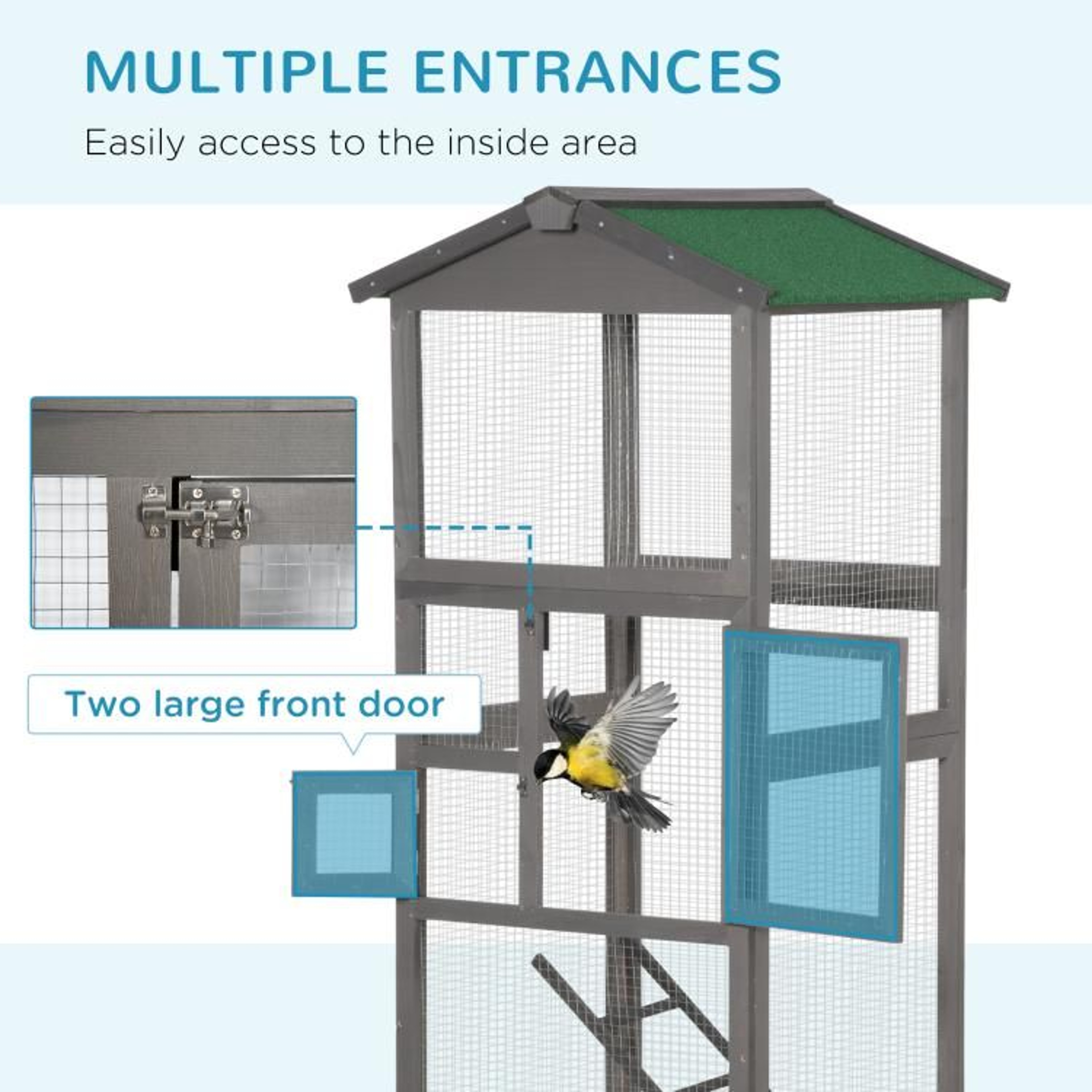 65 Inch Wooden Outdoor Bird Aviary Cage With 2 Doors And PullOut Tray  Gray 5