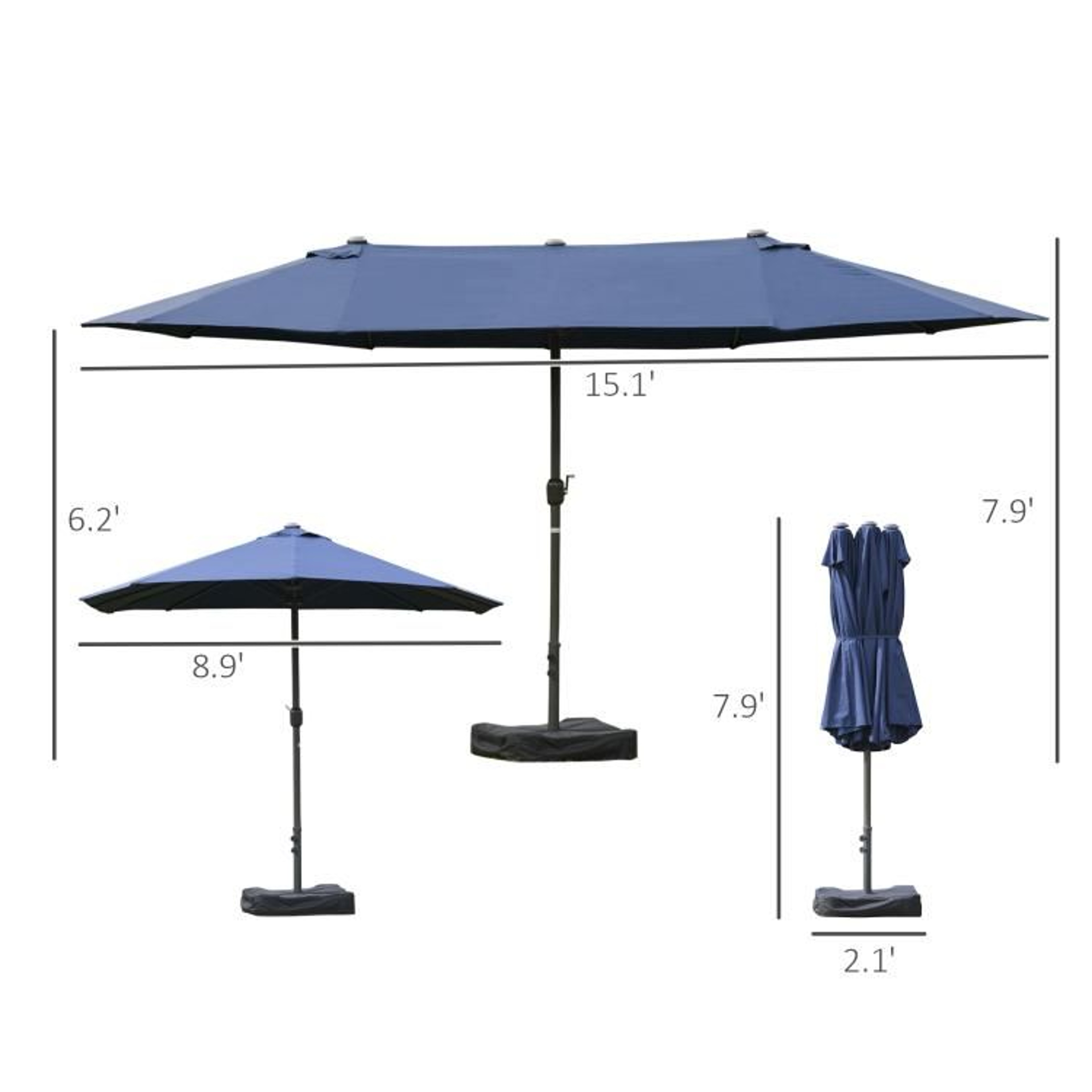 15 Ft DoubleSided Rectangular Patio Umbrella With Crank And Base  Dark Blue 3