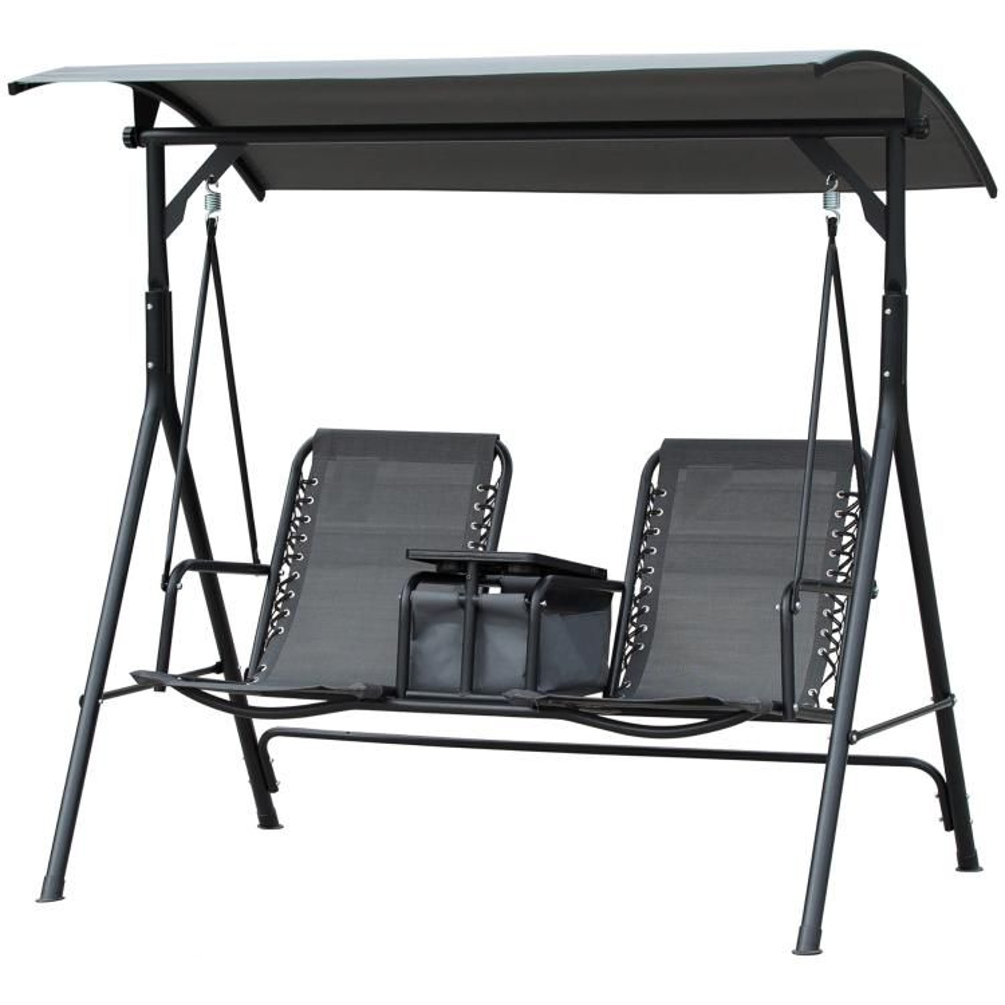 2 Person Outdoor Porch Swing With Adjustable Canopy And Storage Table  Gray 1