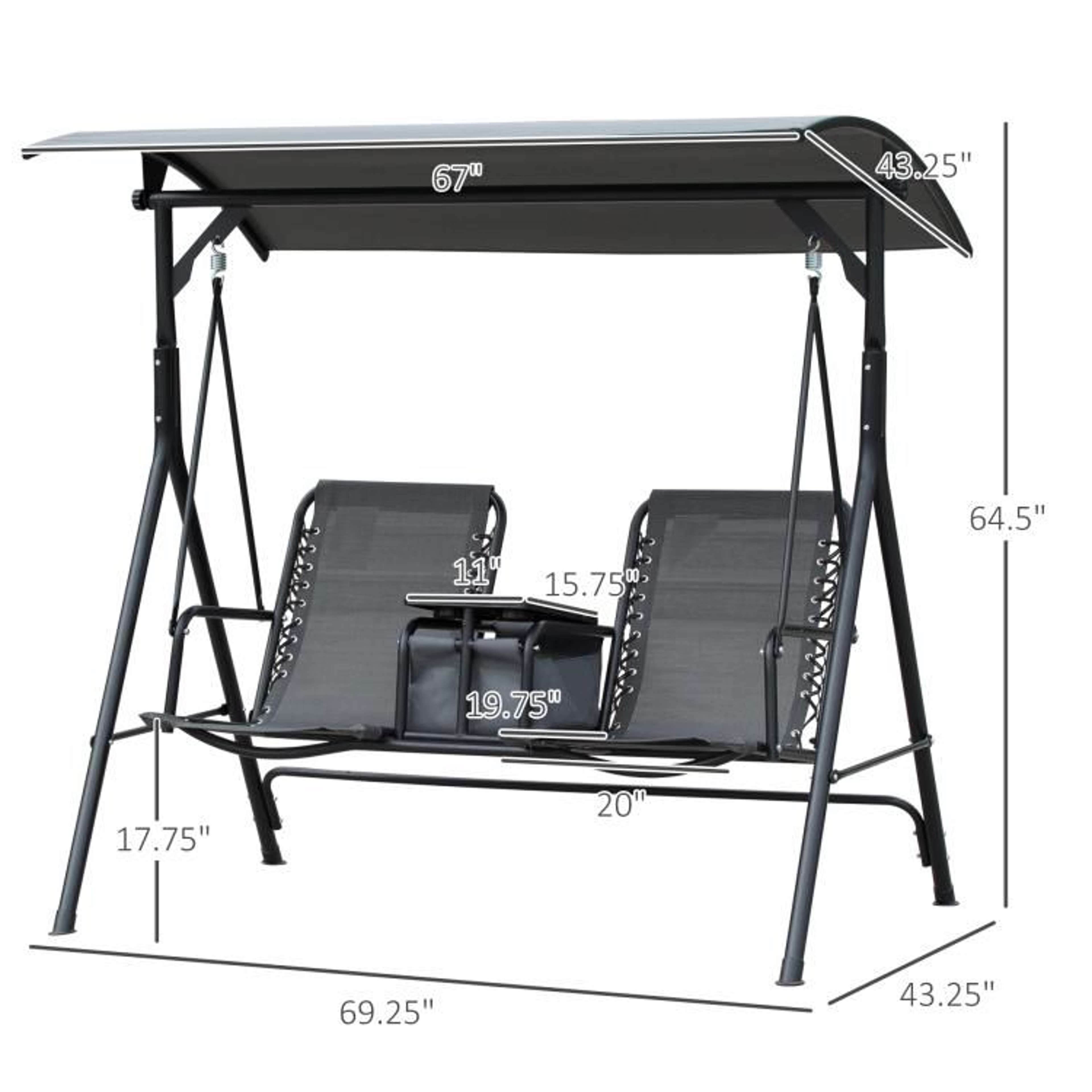 2 Person Outdoor Porch Swing With Adjustable Canopy And Storage Table  Gray 4