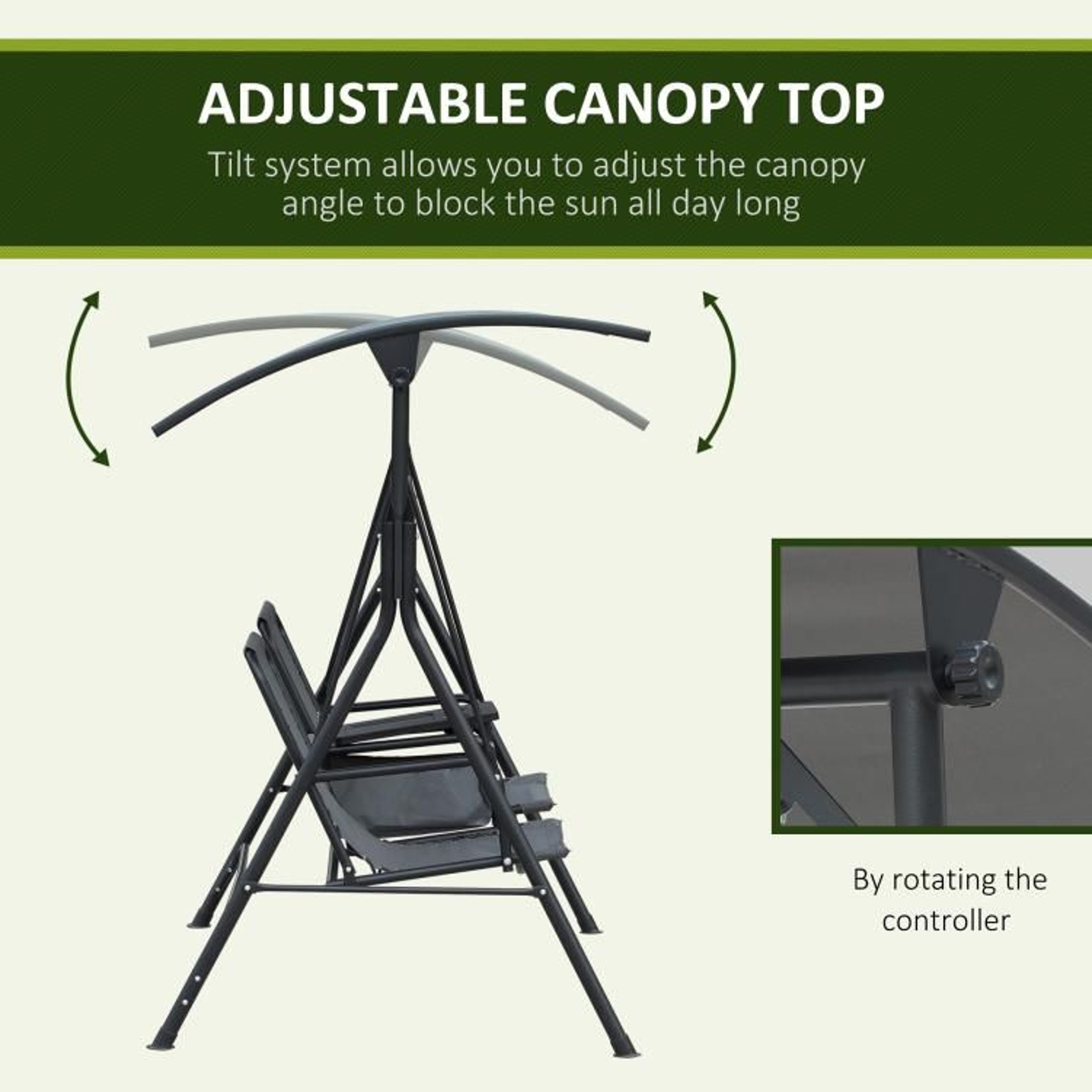 2 Person Outdoor Porch Swing With Adjustable Canopy And Storage Table  Gray 5