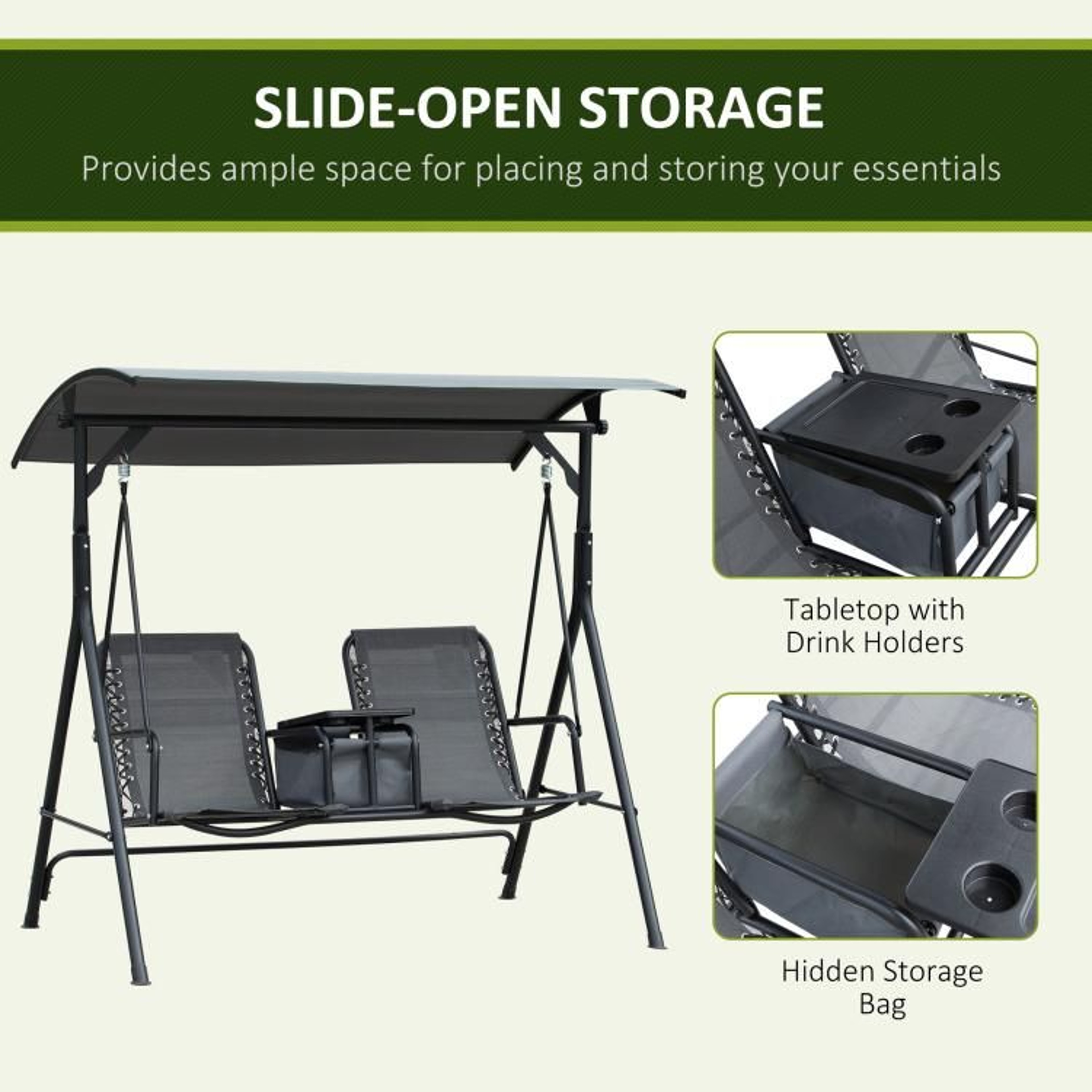2 Person Outdoor Porch Swing With Adjustable Canopy And Storage Table  Gray 6