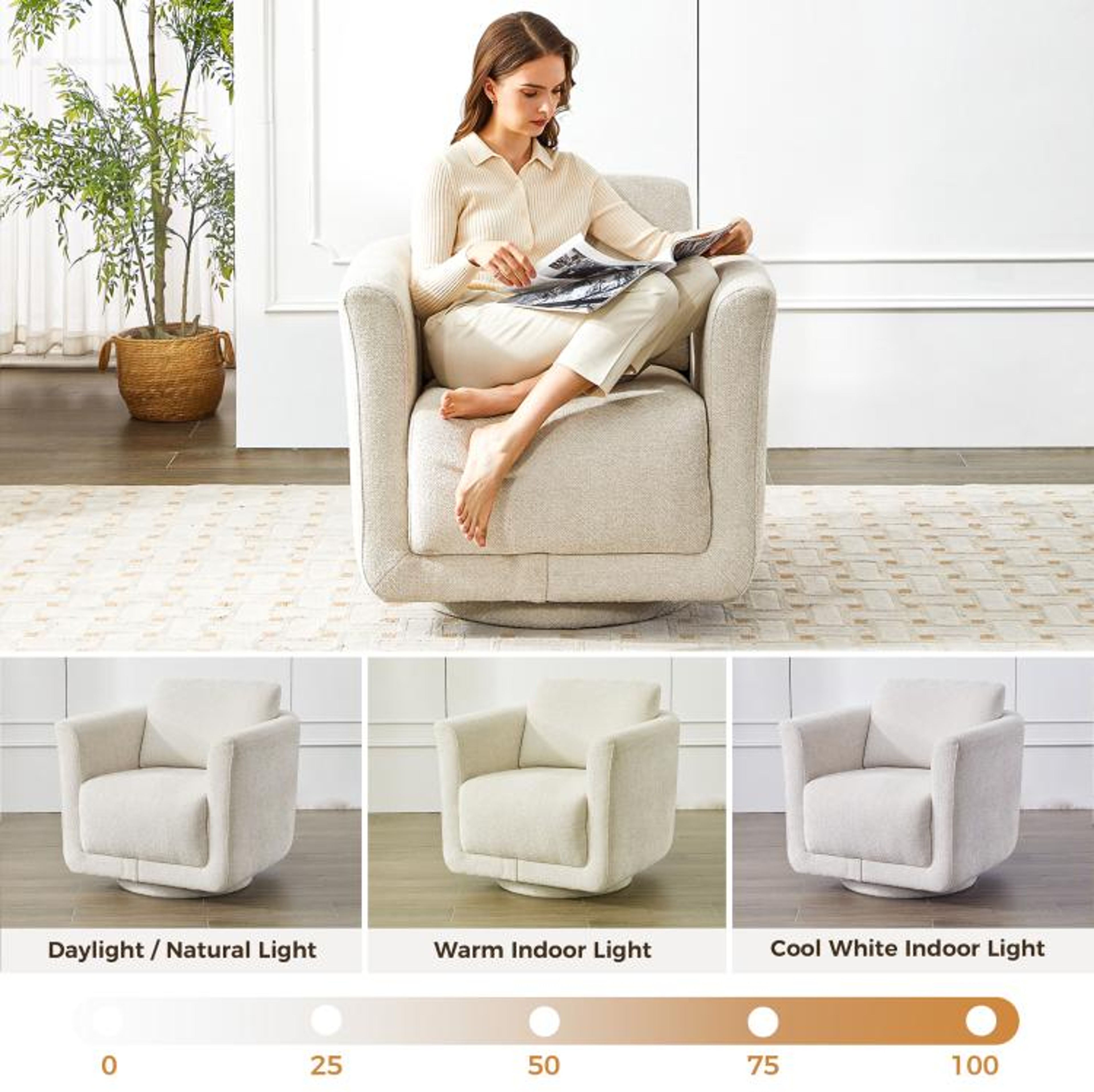 Modern Beige Chenille 360 Swivel Barrel Chair No Assembly Required 6