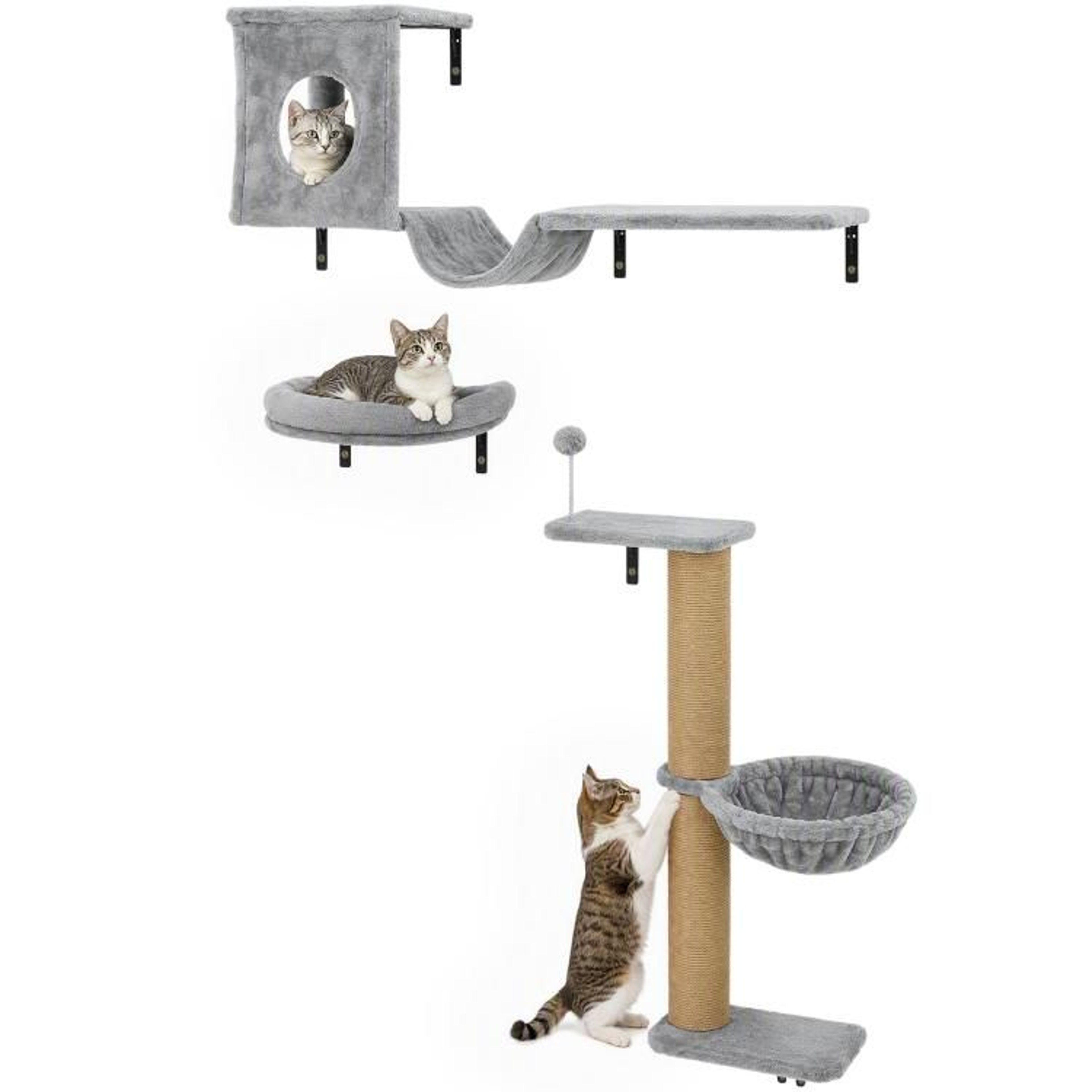 3in1 WallMounted Cat Shelves With Condo Hammock And Scratching Post  Gray 0