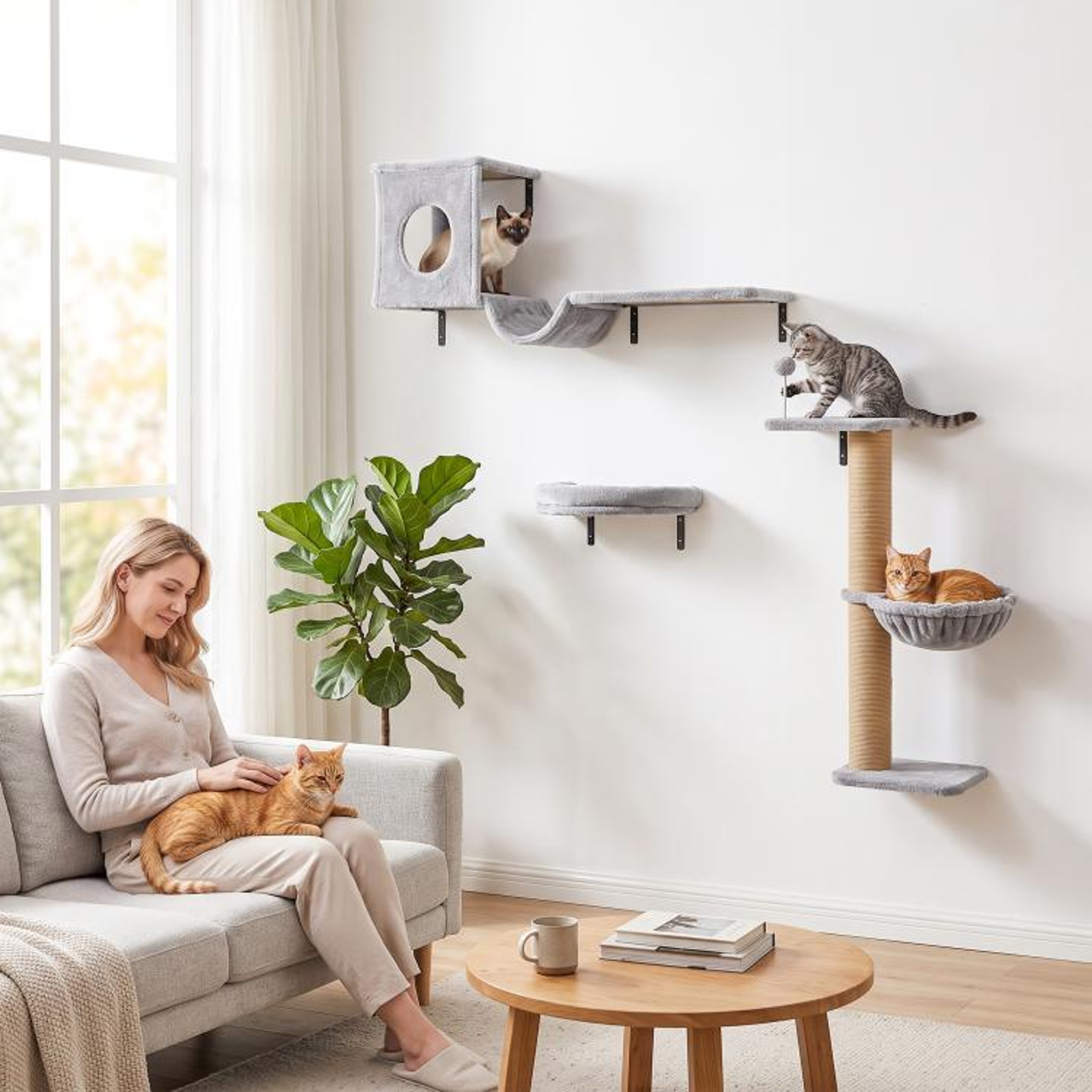 3in1 WallMounted Cat Shelves With Condo Hammock And Scratching Post  Gray 1