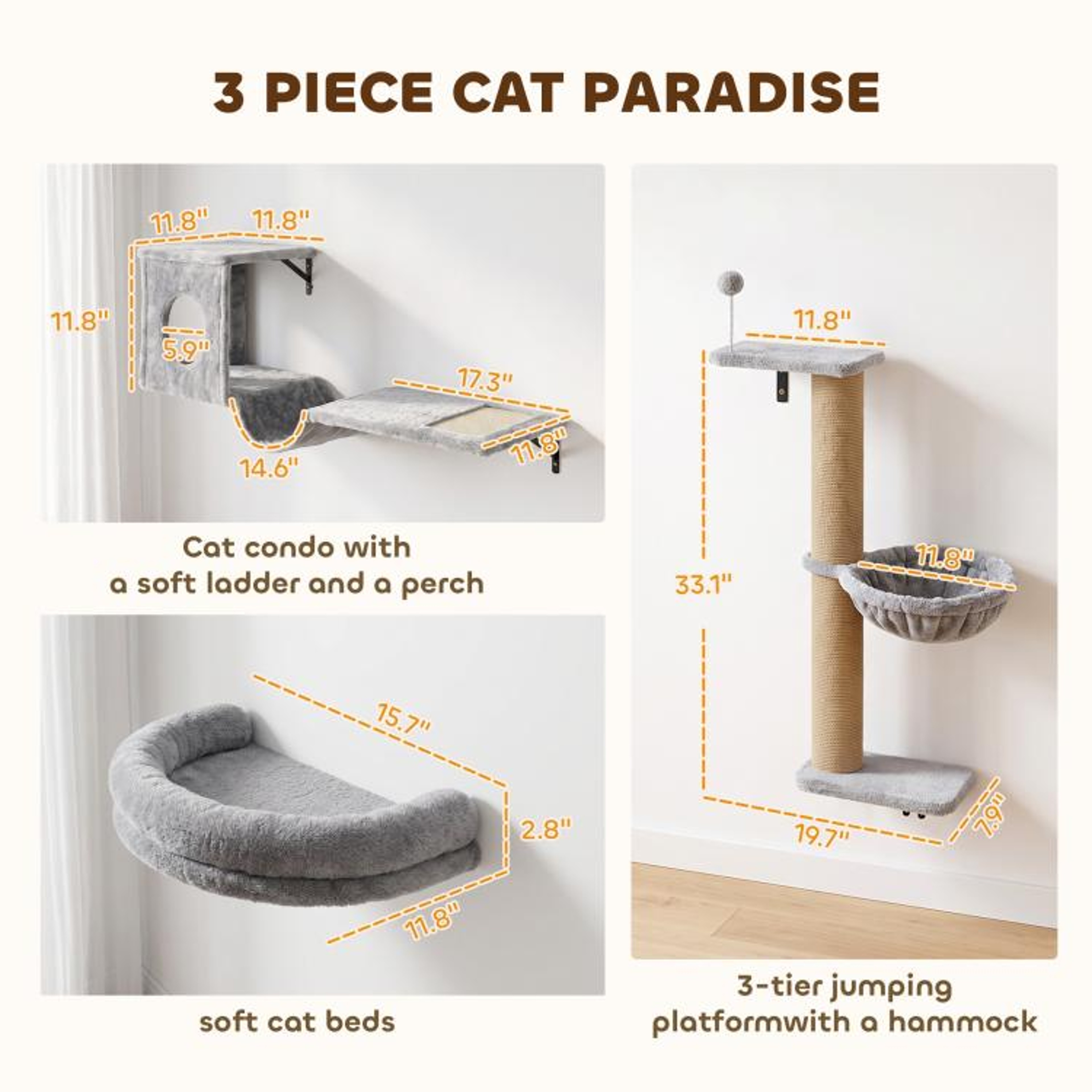 3in1 WallMounted Cat Shelves With Condo Hammock And Scratching Post  Gray 2