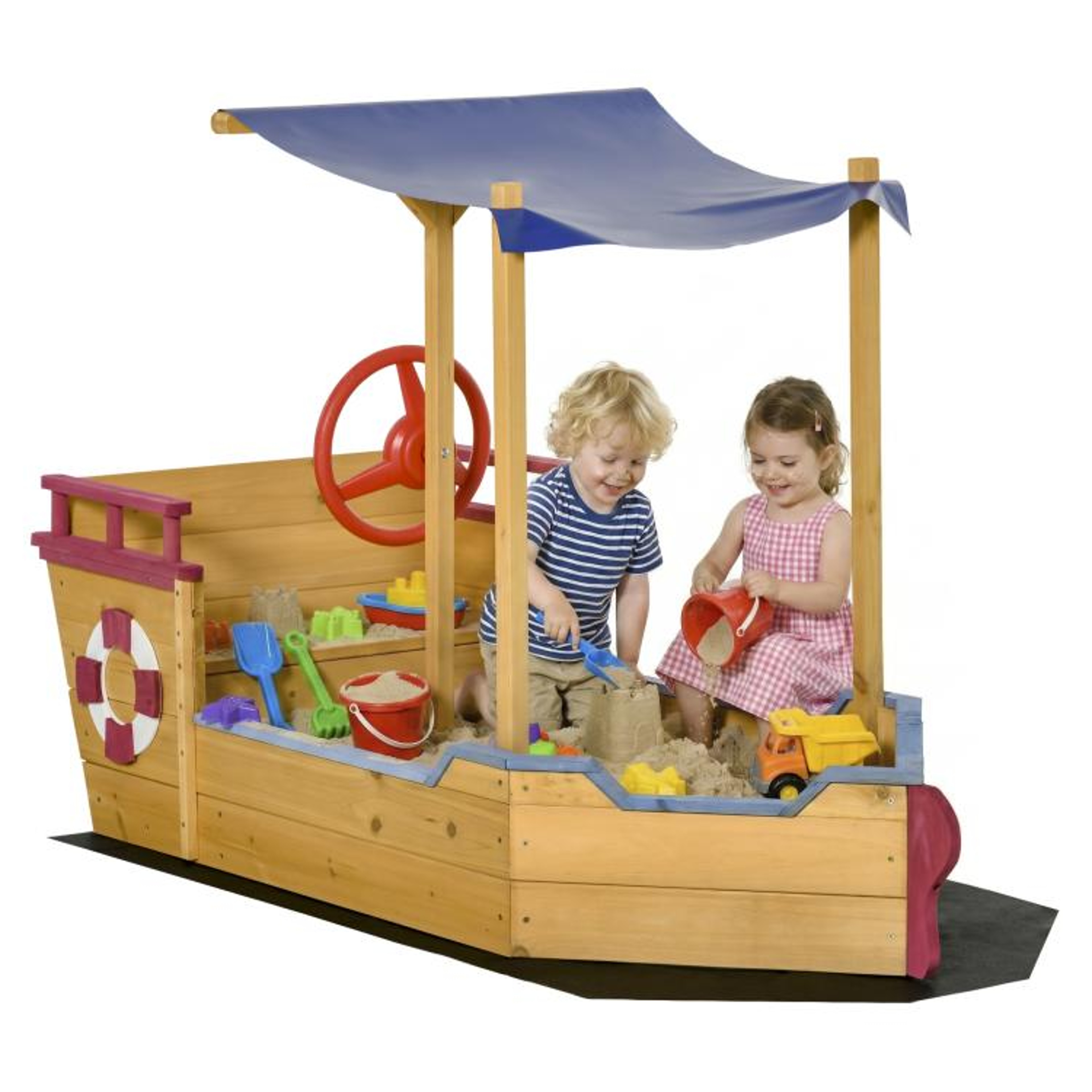 Kids Wooden Boat Sandbox With Canopy And Storage Bench 0